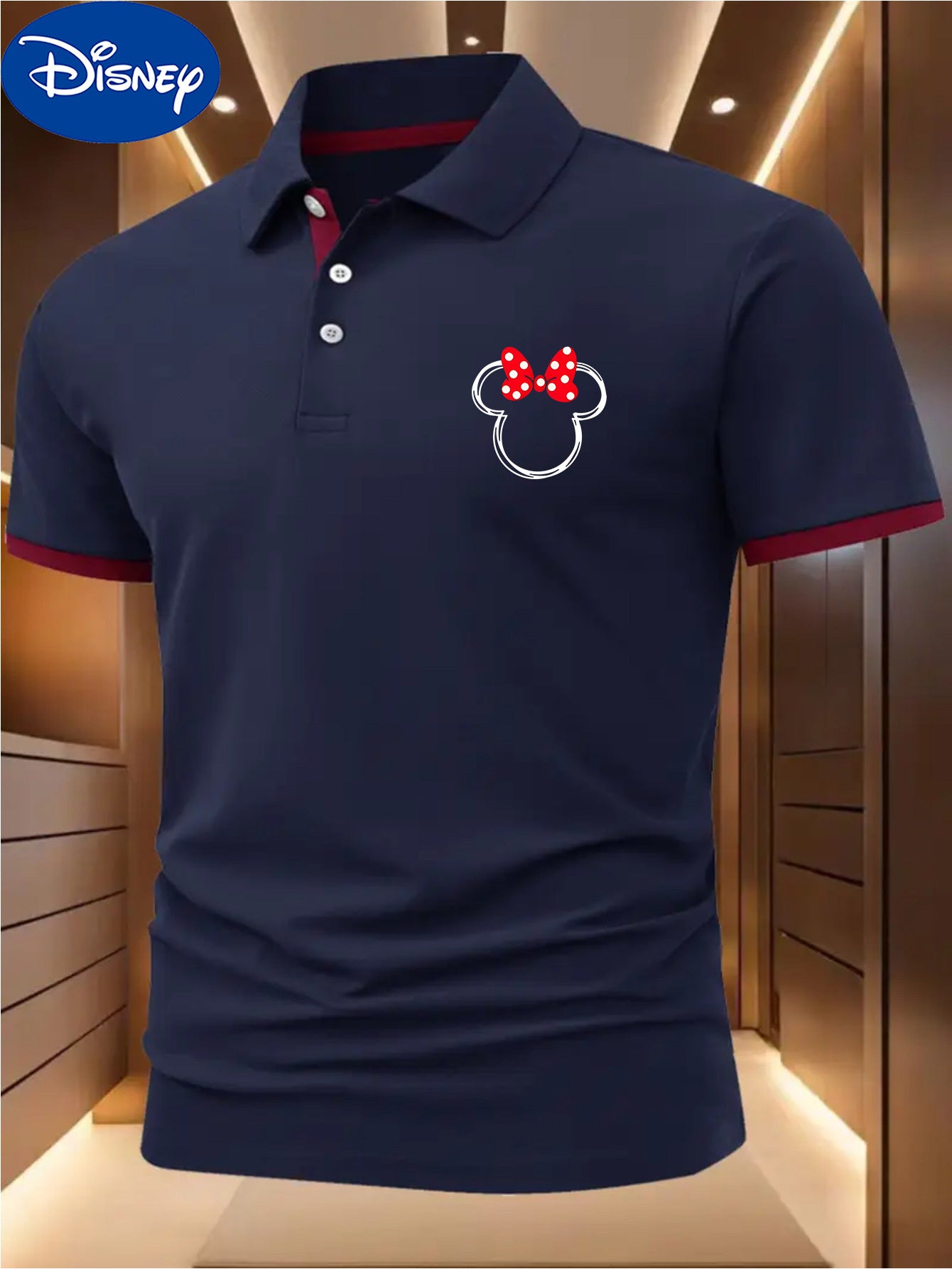 Disney Minnie Mouse Bow Print Men's Shirt - Maroon & Navy Color Block Collar & Cuffs, Lightweight Quick-Dry Polyester, Breathable Golf & Tennis Shirt, Business Casual Summer Top, Machine Washable Gift for Him, Breathable Poly