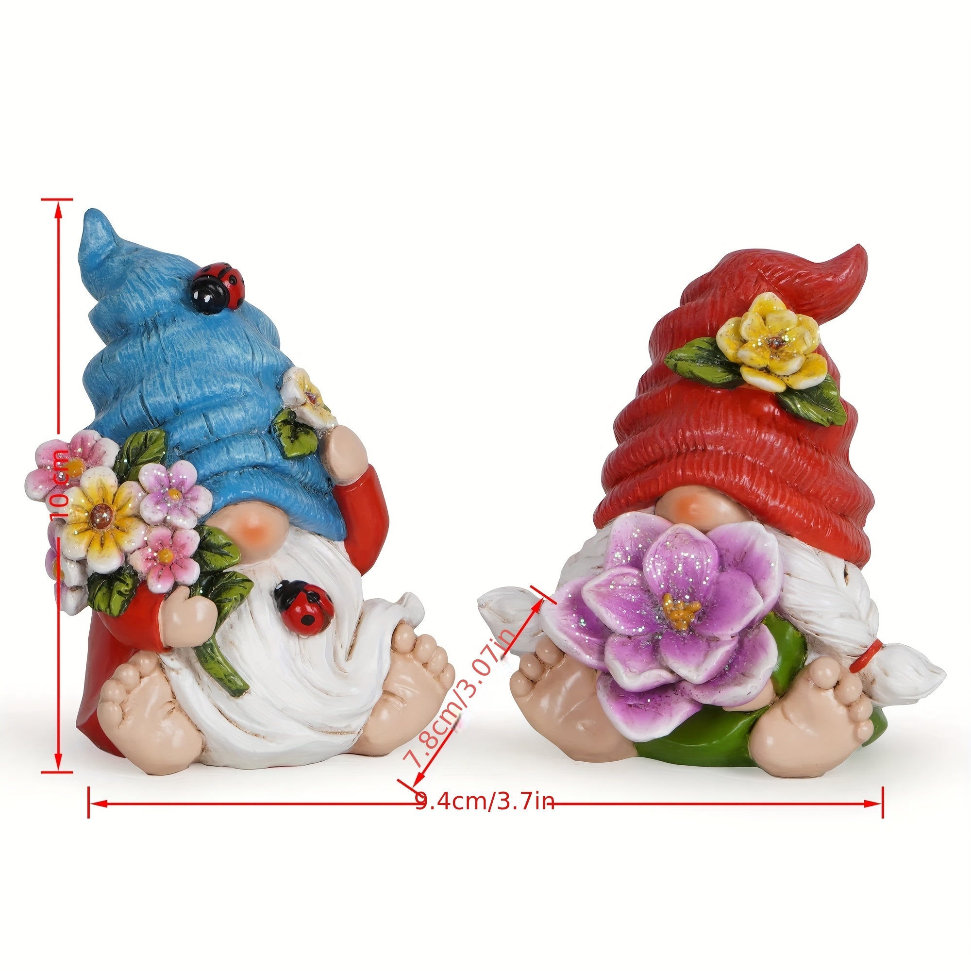 Basen Resin Gnome Figurines, Enchanting Hand-Painted Spring Decorations With Flowers And Ladybugs, Whimsical Red And Blue Hat Ornaments For Easter, Garden, Home Decor, And Gifts