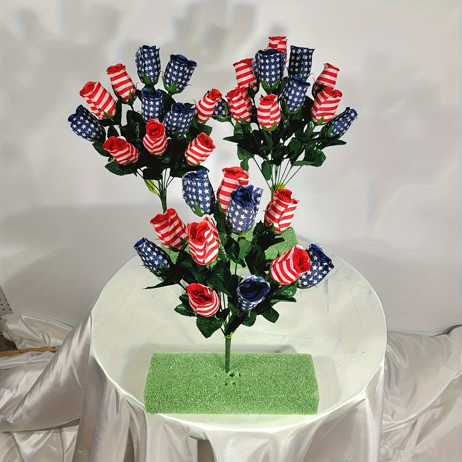 11 Patriotic American Flag Roses Bouquet - Plastic Silk-Like Red White & Blue Stripes with Green Foliage, Memorial Day Veterans Day Home Decor, Cemetery Wreath, No Vase Needed