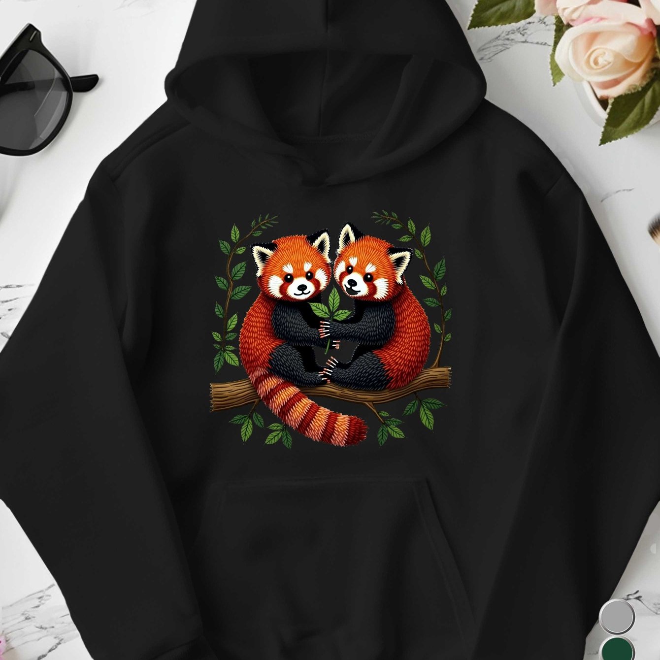 Women's Plus Size Embroidered Red Pandas Branch Hoodie - Grey Casual Pullover with Front Pocket, 100% US Printed Design, Machine Washable Autumn Winter Sweatshirt, Animal Lover Apparel, Playful Animal Design, Detailed Embroid