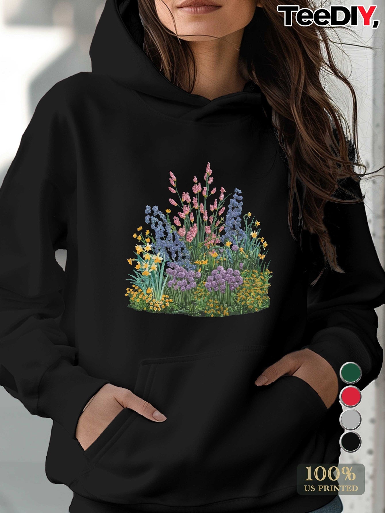teediy Women's Hoodie with Embroidered Miniature Garden Floral Design, 100% Polyester, Front Pockets, Regular Fit Long Sleeve Casual Pullover for Autumn/Winter, Machine Washable