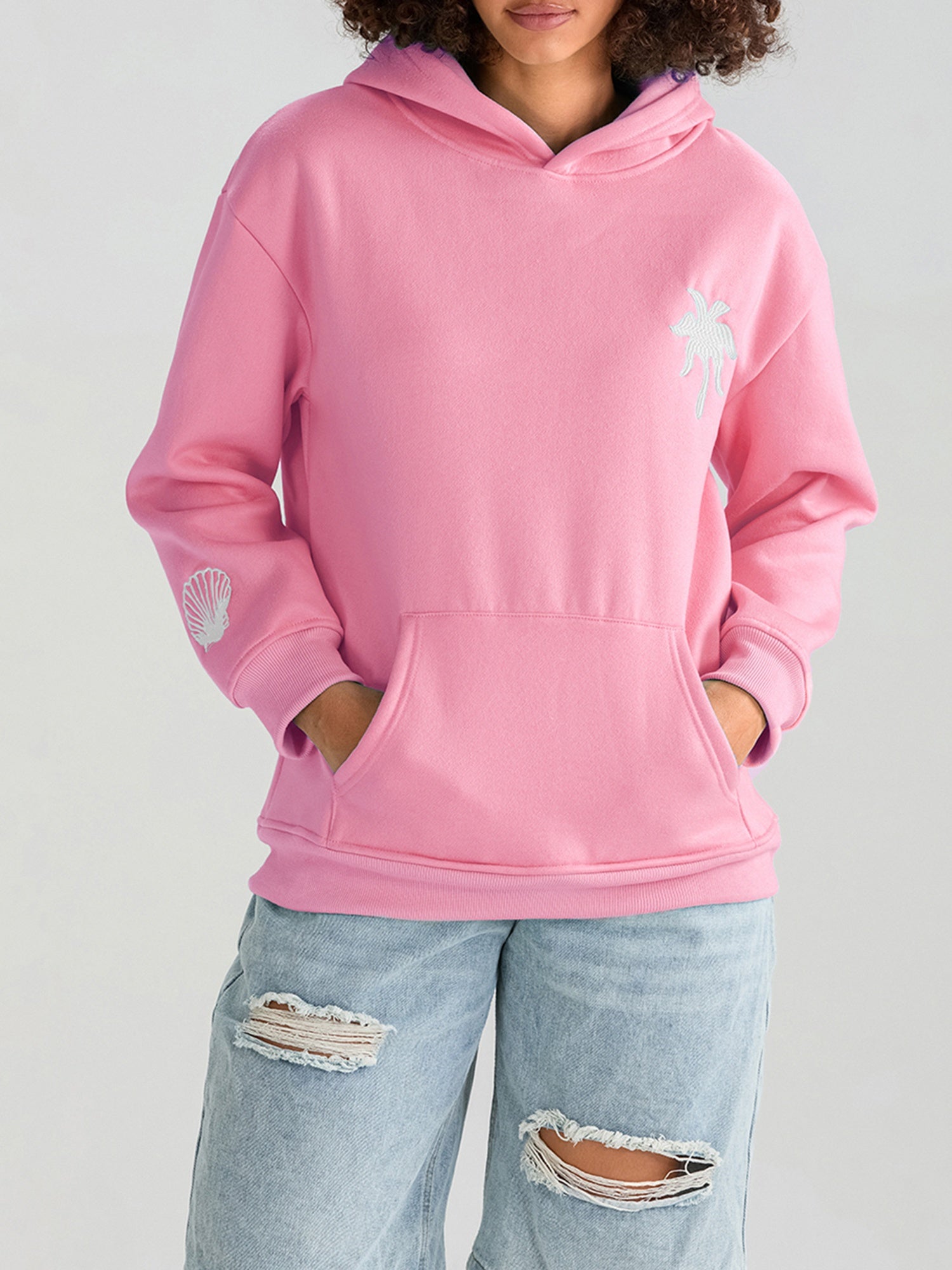 Womens Beach Hoodies Long Sleeve Flower Embroidery Oversized Sweatshirts Streetwear Tops
