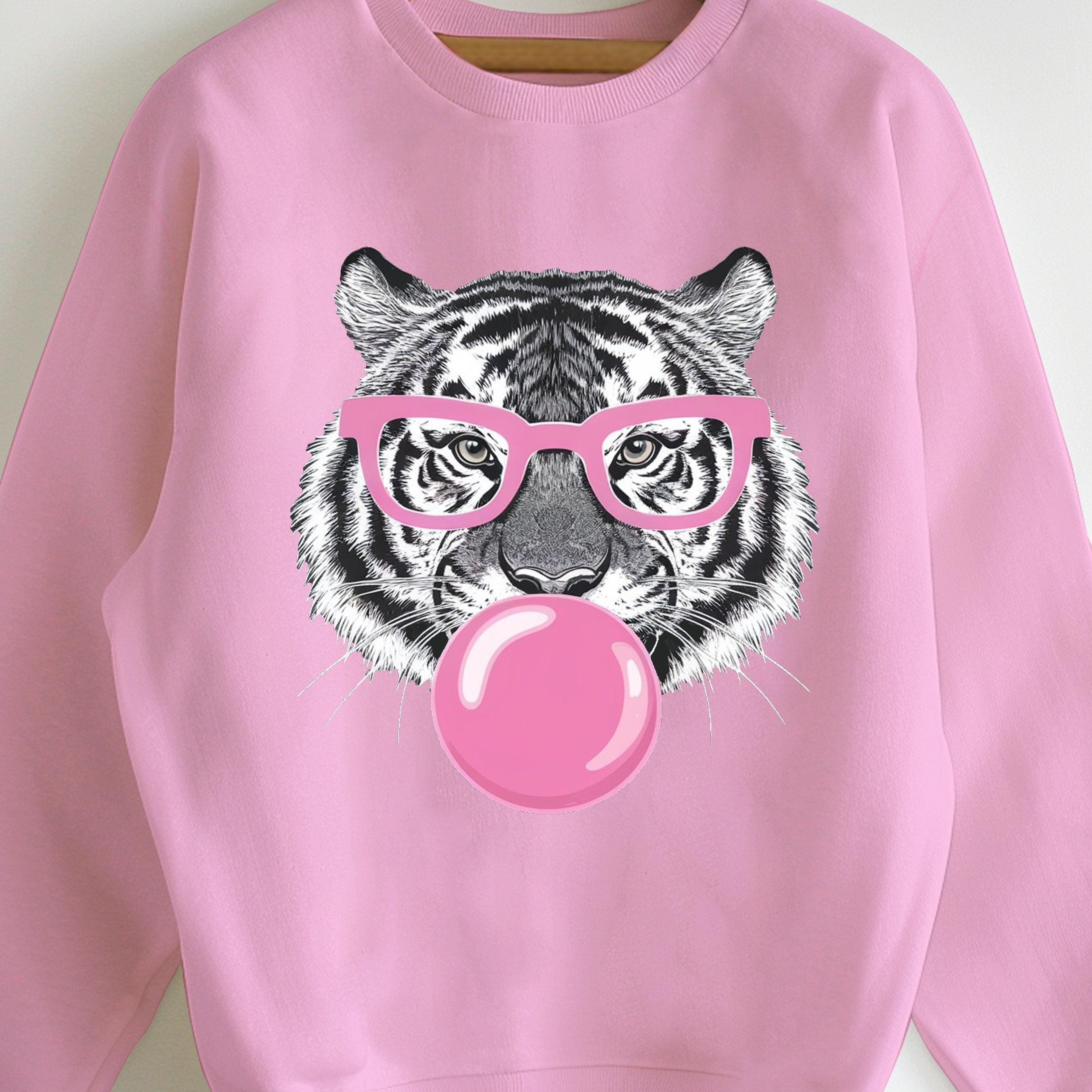 Women's Cozy Green Tiger Bubblegum Graphic Sweatshirt - Casual Crew Neck, Long Sleeve, 100% Polyester Pullover, Machine Washable - Perfect for Fall/Winter