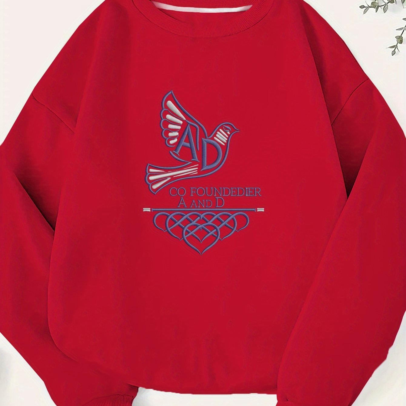 Plus Size Women's Green Sweatshirt with White Dove & Hearts Embroidery - Casual Crew Neck, Long Sleeve, 100% Polyester, Machine Washable - Perfect for Fall/Winter