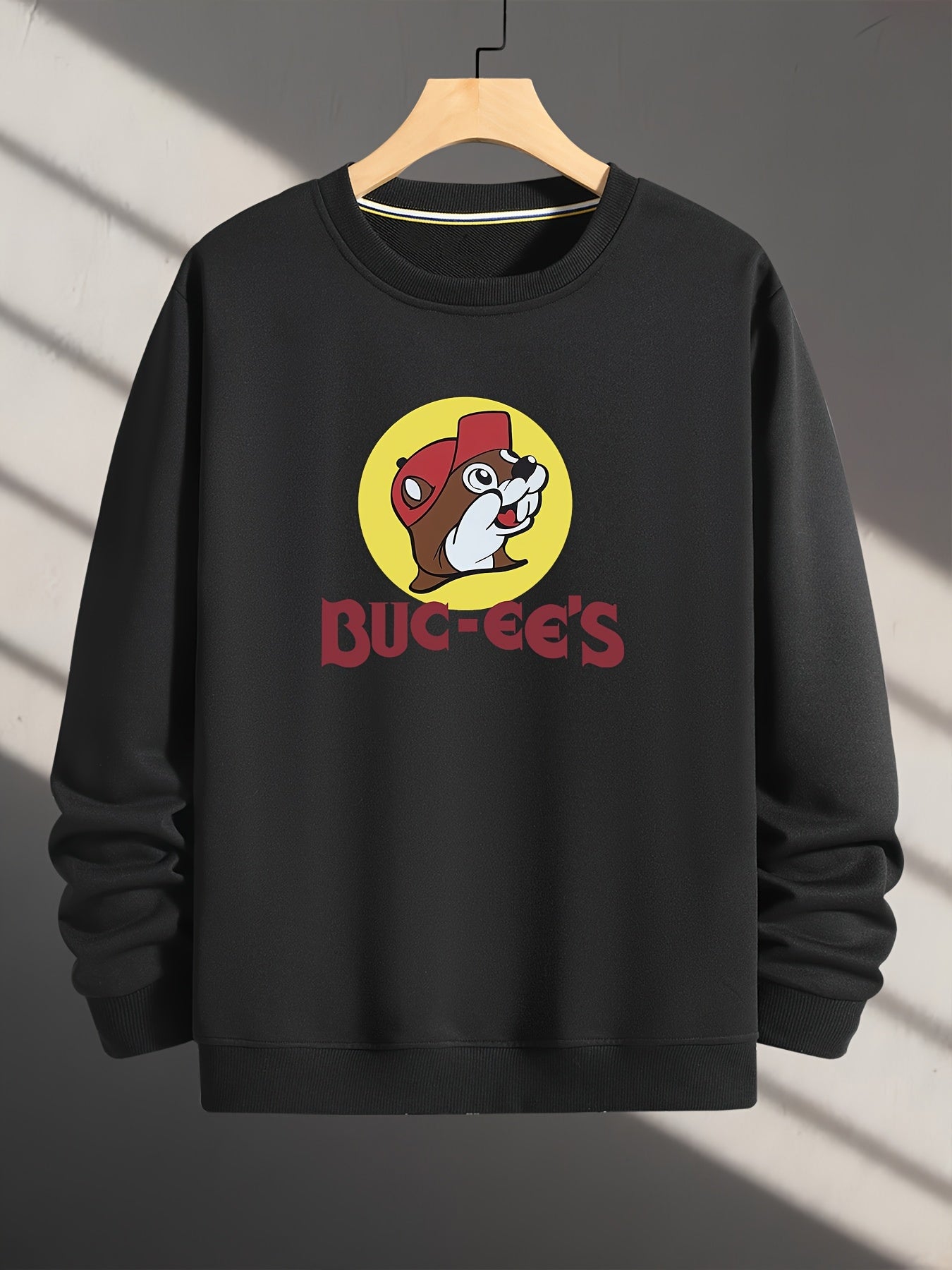 Polyester Crew Neck Sweatshirt, Long Sleeve Loose Fit with Squirrel Letter Print, Casual Outdoor Wear for Men and Women