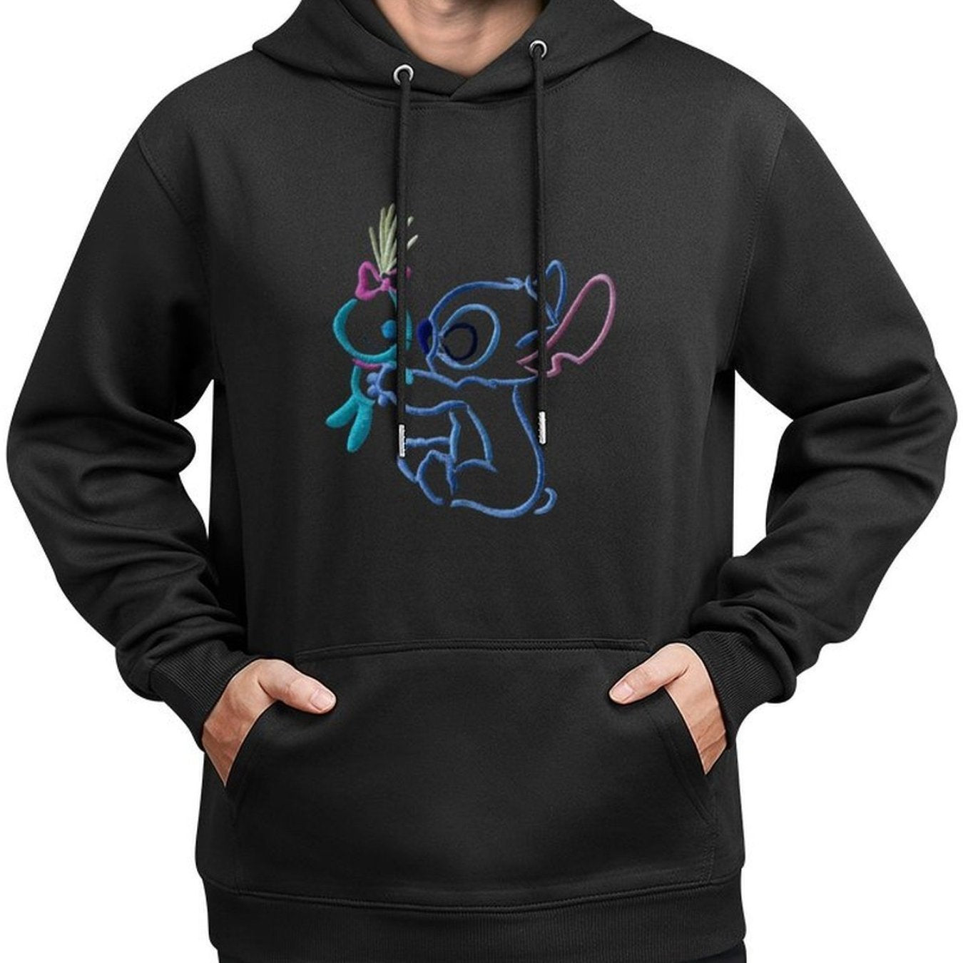 Disney Men's Black Retro Pullover Hoodie with Stitch & Angel Embroidery Art & Disney Friends Digital Print, Soft Regular Fit Casual Sweatshirt, Machine Washable, Front Pockets, Disney Hoodie, Durable Fabric