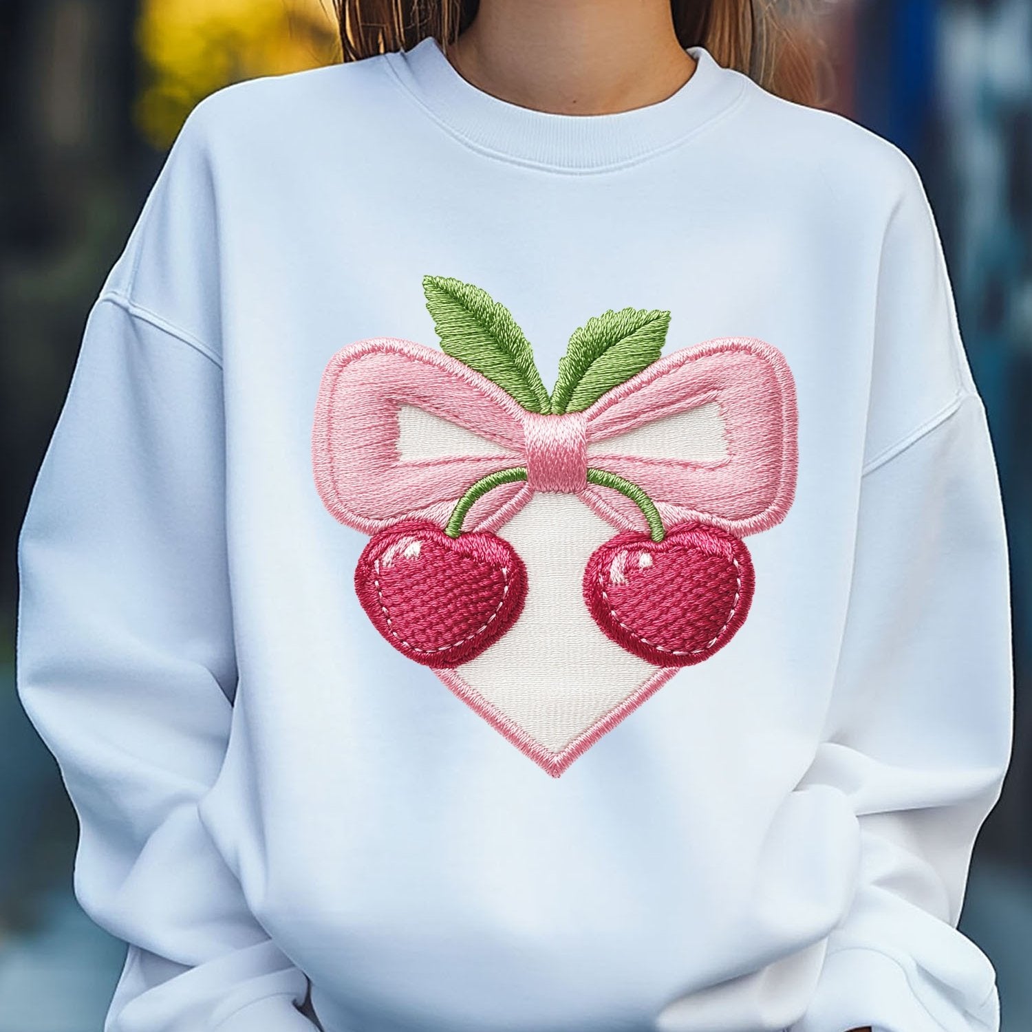 Women's Cherry Love Heart Bow Embroider Print Sweatshirt Pullover - Fall Loose Fit Long Sleeve Crew Neck Casual Comfy Cotton Knit Top with Floral Print, Machine Washable, Cute Style for Autumn/Winter