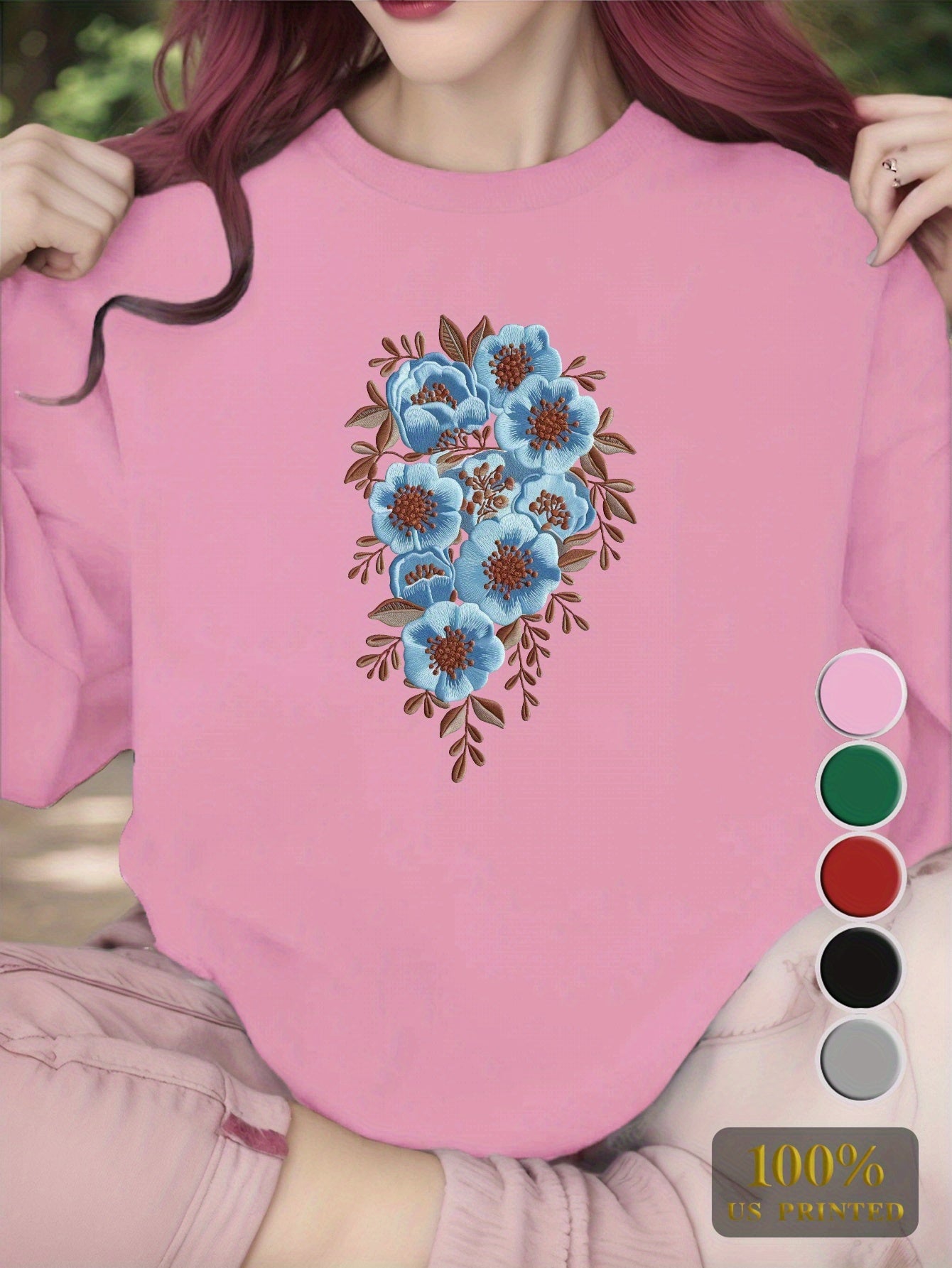1pc Women'S Casual Floral Embroidery Crew Neck Sweatshirt - Polyester Knit Fabric, Geometric Pattern, Regular Length, Fall/Winter Collection