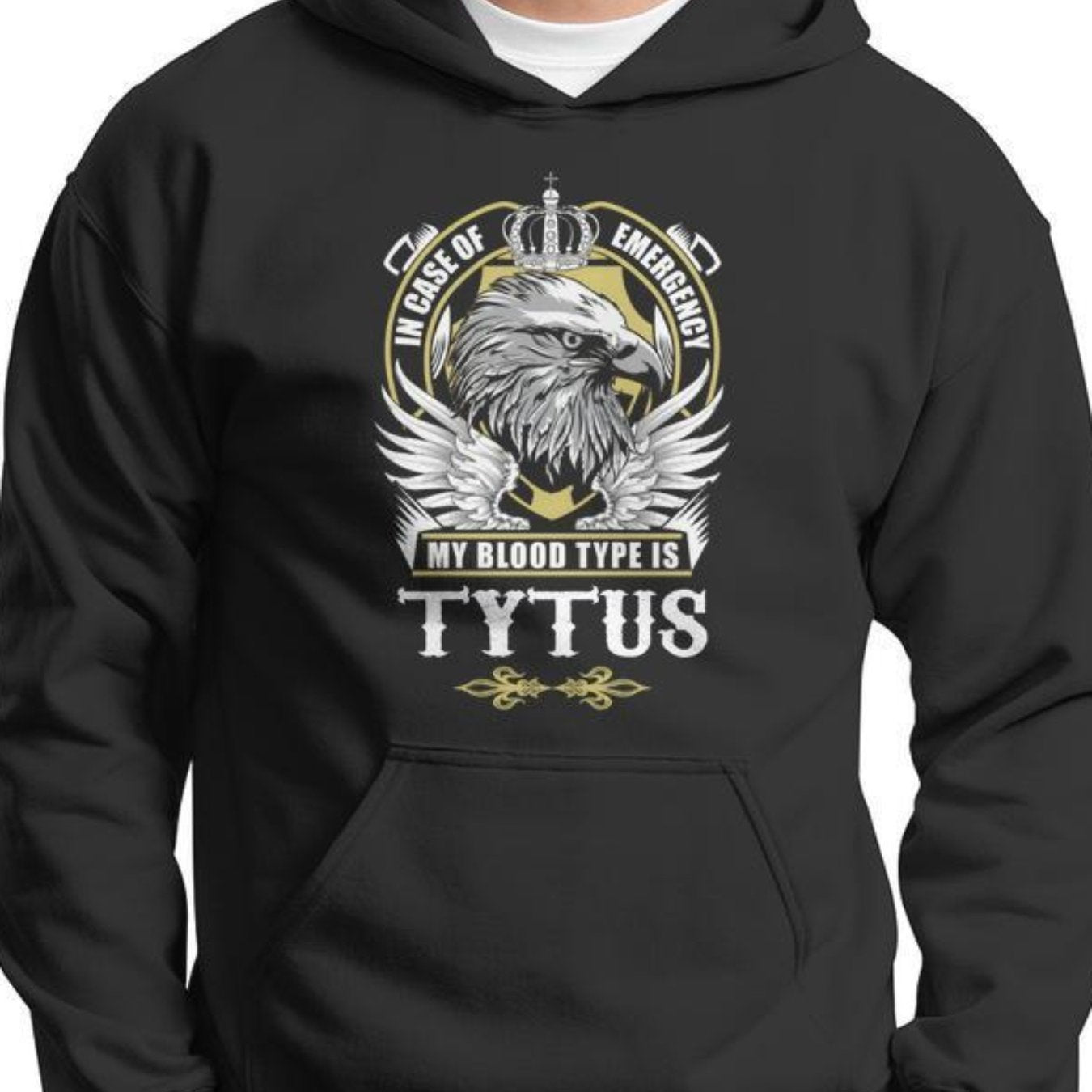 Men's Graphic Hoodie - In Case Of Emergency My Blood Typus Design - Black Hooded Sweatshirt with Kangaroo Pocket - Soft Polyester Streetwear Pullover for Casual Outfits & Bold Statements, Essential Hoodie, Travel Friendly Att