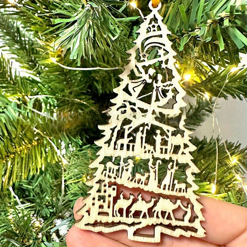 Christmas Olive Wood 5Pcs Nativity Scene Ornament - Carved into Tree Shape, Holy Land Wooden Hanging Decoration for Room, Home, Thanksgiving Party, Nativity Gifts