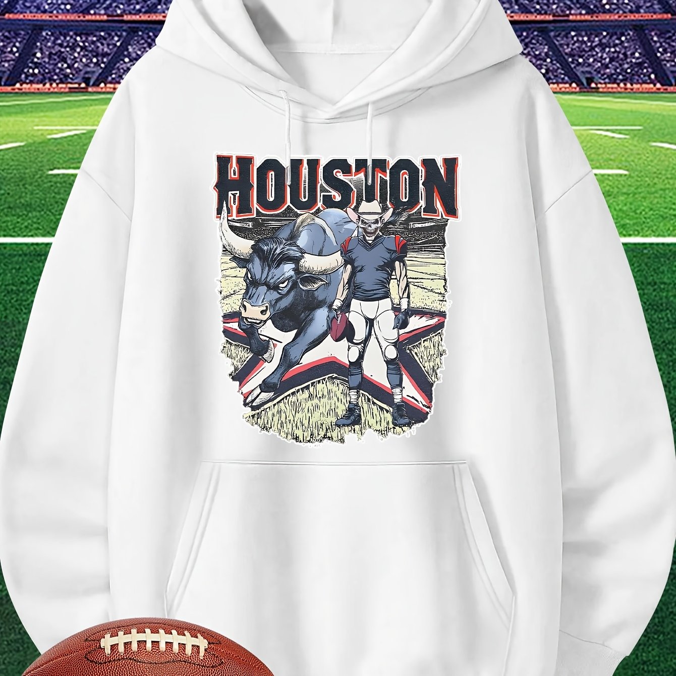 Men's Houston Football Hoodie - Red Long Sleeve Sweatshirt with Cartoon Player Design, Casual Pullover for Fans, Lightweight 280g, Perfect for Game Day or Casual Attire