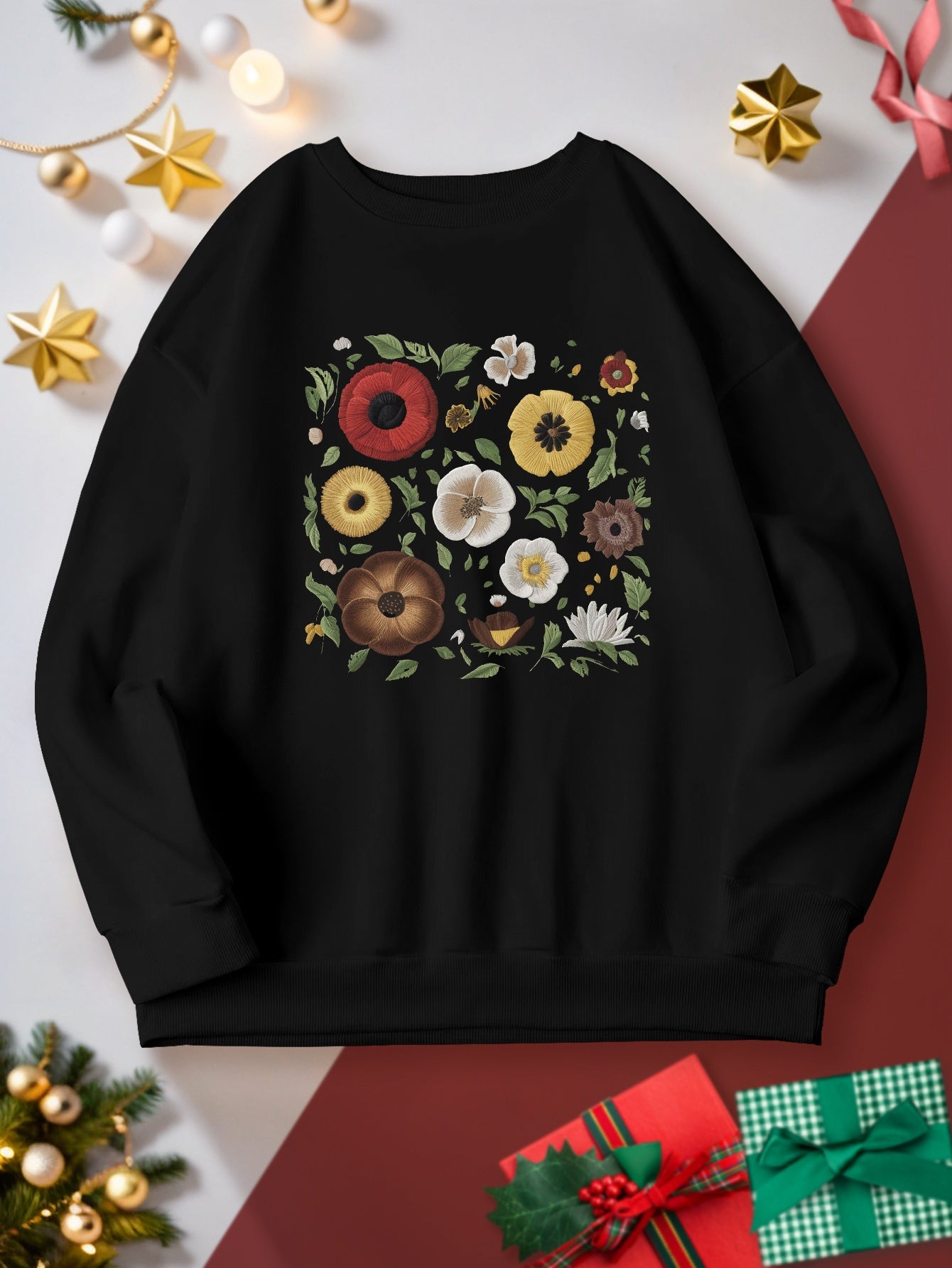 Women's Plus Size Floral Embroidery Sweatshirt - Casual Crew Neck, Long Sleeve Pullover for Fall/Winter, Machine Washable