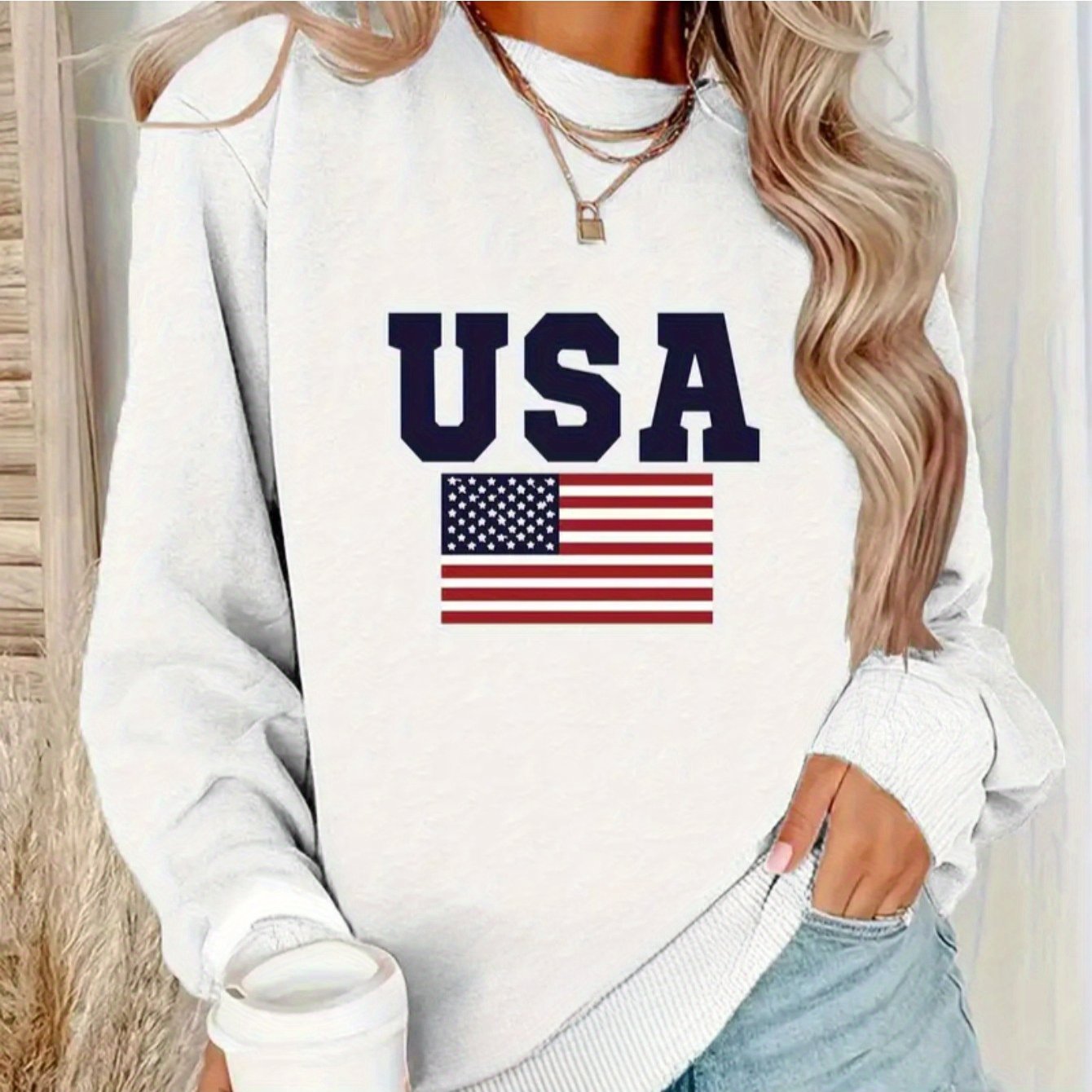 Women'S Casual Crew Neck Letter & flag Print Long Sleeve Pullover for Autumn/ Winter Knit White Sweatshirt