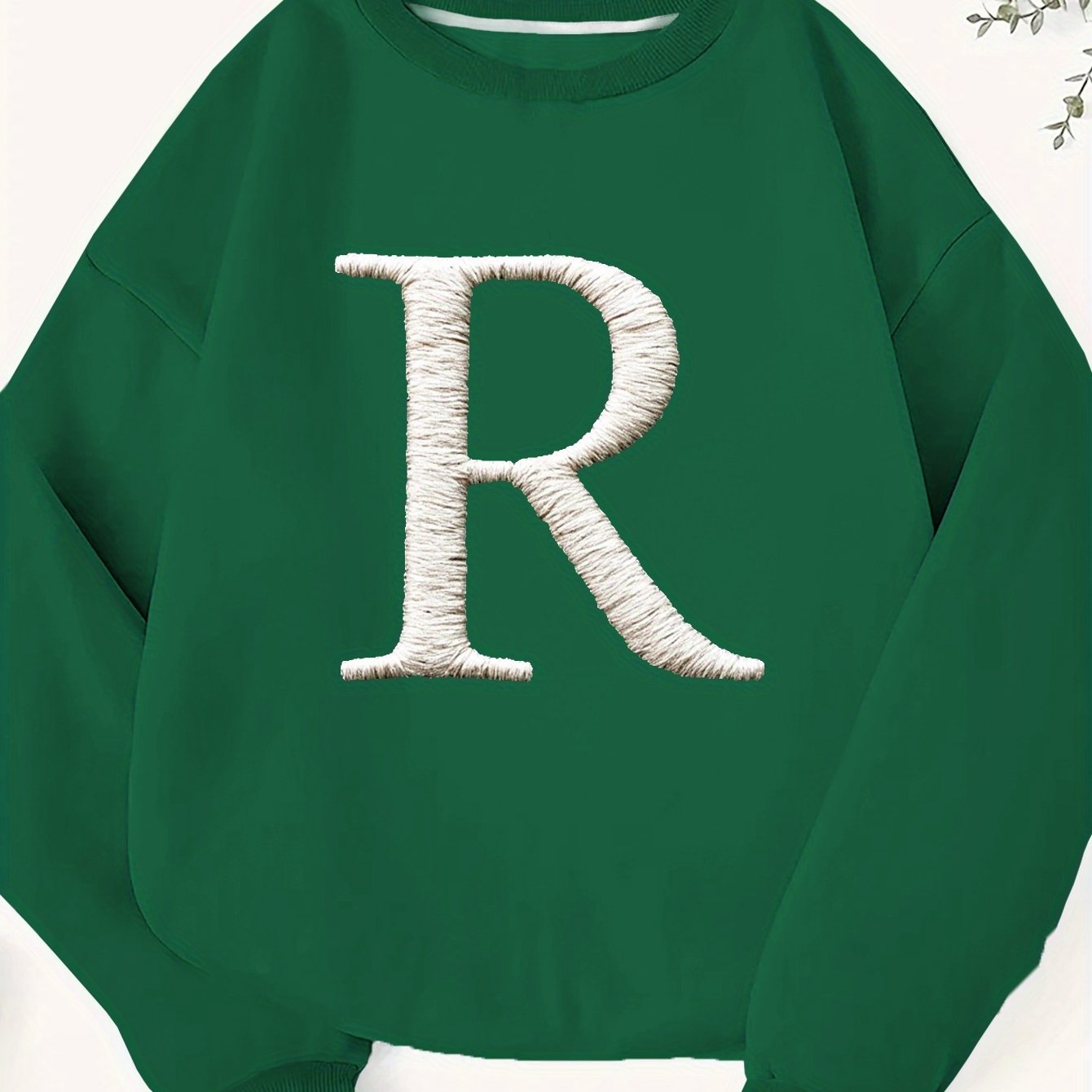 Women's Plus Size Embroidered Letter R Geometric Pattern Sweatshirt - Black & White Casual Long Sleeve Round Neck Pullover, Machine Washable Fall Winter Fashion Top, Cute Sweatshirts, Everyday Comfort, Relaxed Fit, Textured L