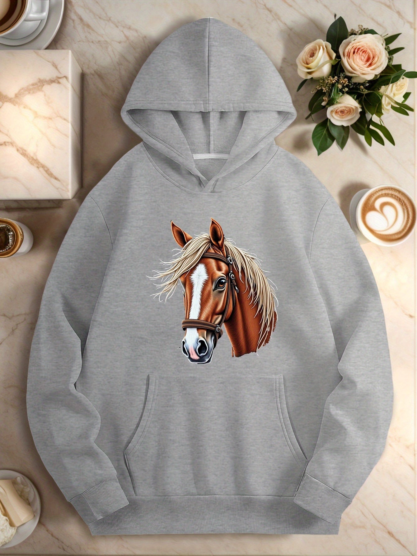 Plus Size Women'S Hoodie with Embroidered Horse Head & Harness Design - Cozy Long Sleeve Pullover with Pockets, Black Casual Fall/Winter Top, Oversized Hoodie