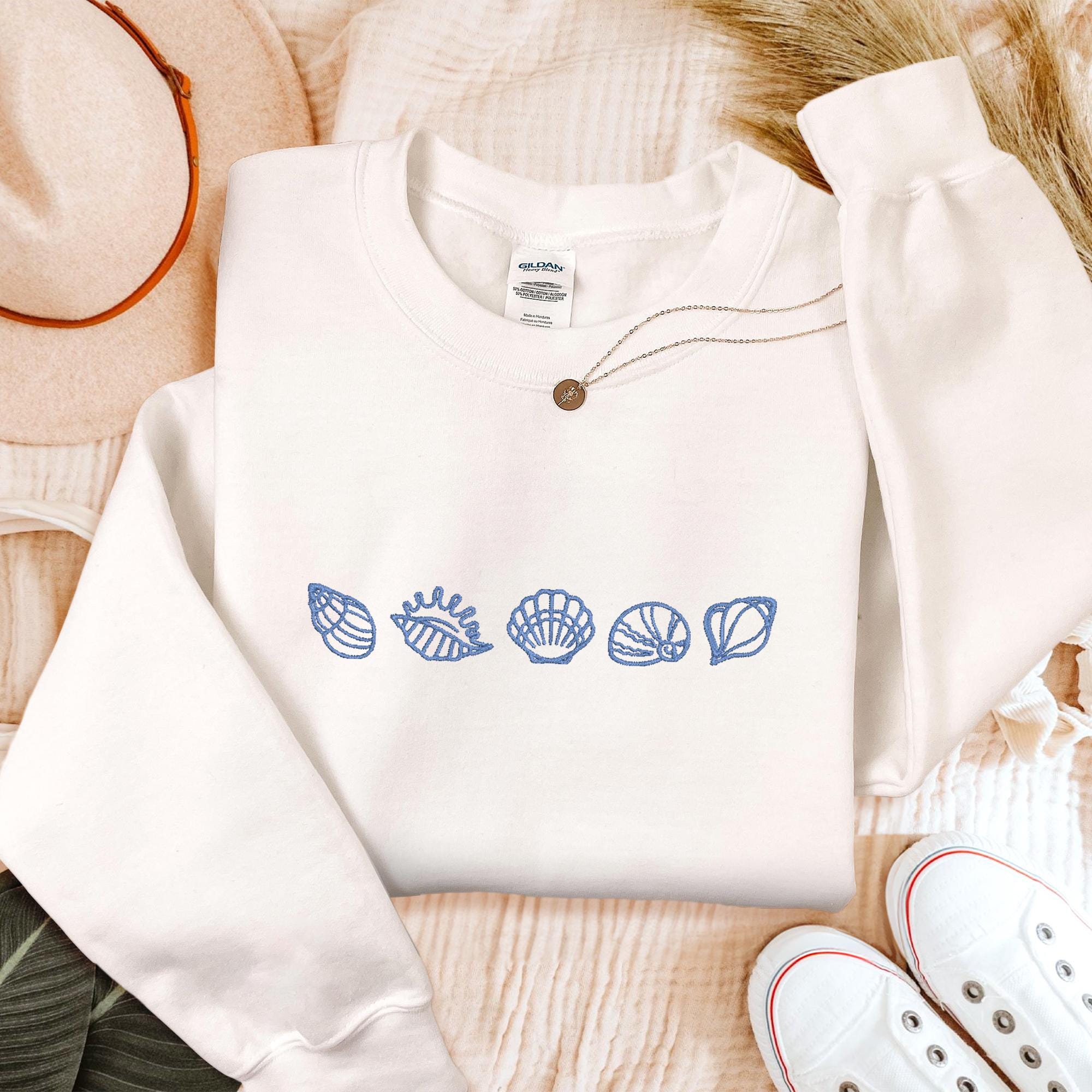 Sea Shells Embroidered Crewneck, Beach Shirt, Ocean Lover Gift, Nautical Hoodie, Coastal Beach Sweatshirt, Seaside Pullover, Sea Animal Tee