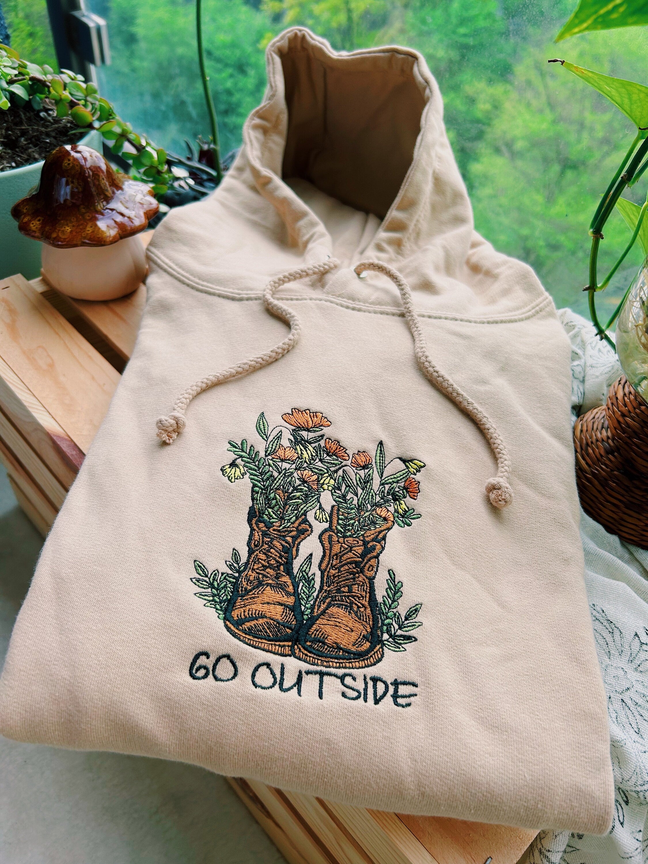 Tan Go Outside Embroidered Hoodie - Unisex Mushroom Floral Fleece Pullover - Hiking Granola - Gifts for Her/ for Him - Cottagecore - Indie