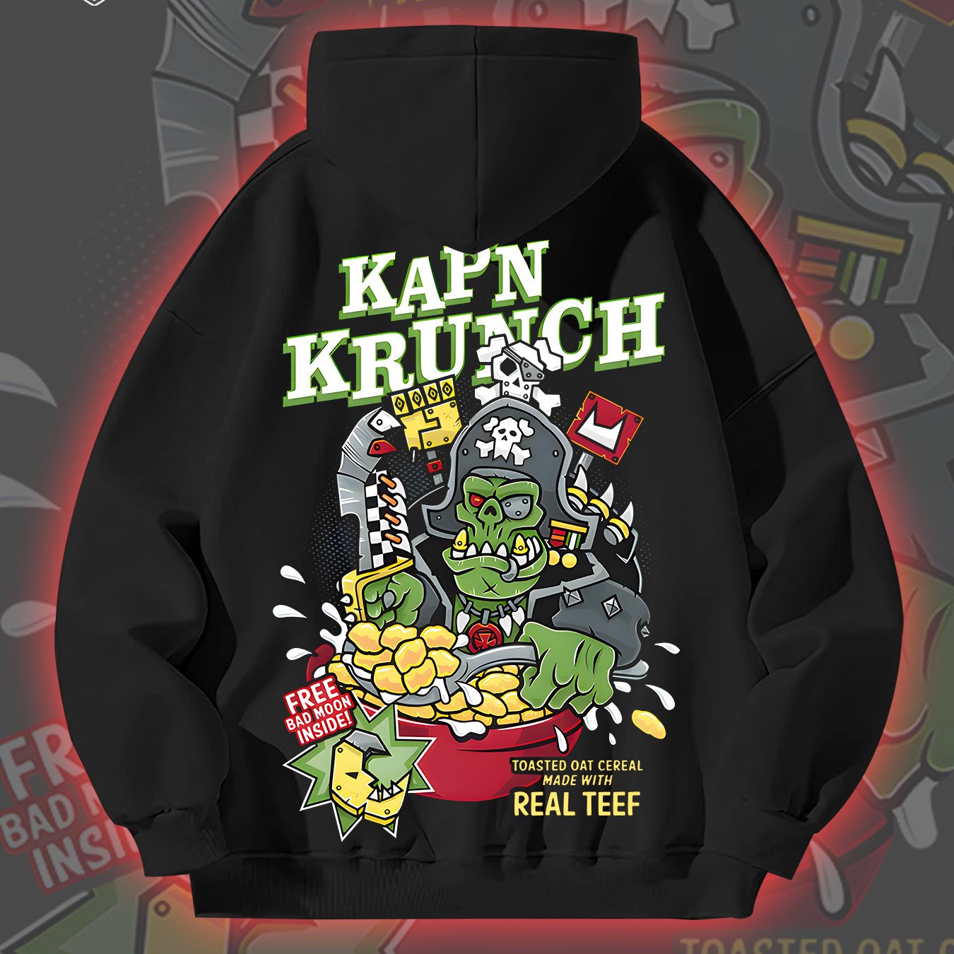 Street Cool KAP'N KRUNCH Pirate Oatmeal 270G Men'S Autumn And Winter Fleece Hoodie with Personalized Trendy Hip-Hop Streetwear And Kangaroo Pocket As a Gift Suitable for Individuals with Personality And Street Culture