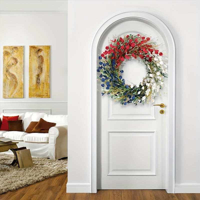 22-inch American Flag Wreath, Patriotic Decor Wreath, Red White And Blue Artificial Floral Stems Wreath. Perfect for 4th Of July Independence Day, Memorial Day, And Flag Day Decorations. This Handcrafted Memorial Day Home Dec