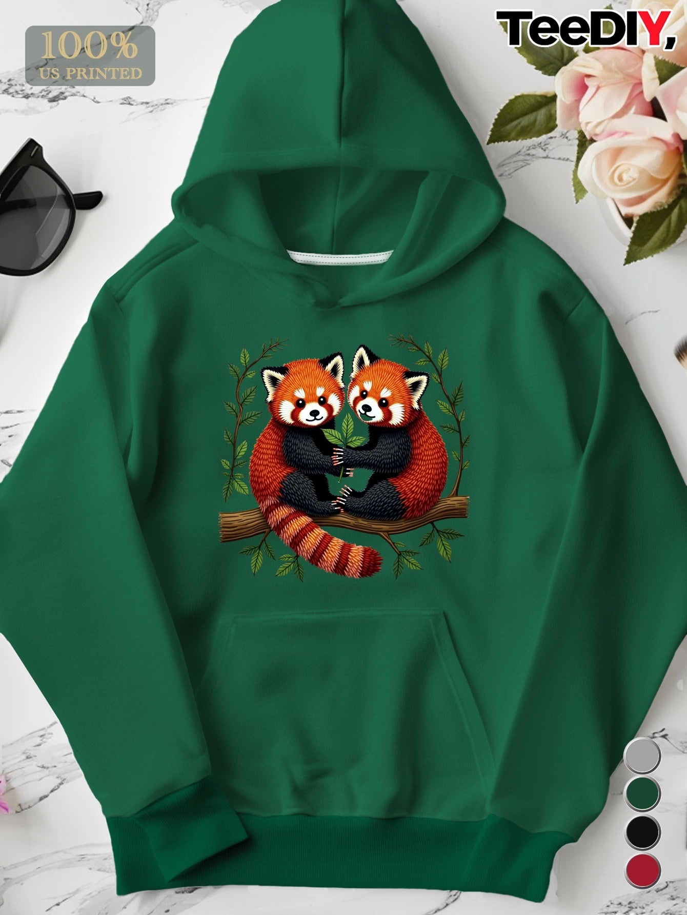 Women's Plus Size Embroidered Red Pandas Branch Hoodie - Grey Casual Pullover with Front Pocket, 100% US Printed Design, Machine Washable Autumn Winter Sweatshirt, Animal Lover Apparel, Playful Animal Design, Detailed Embroid