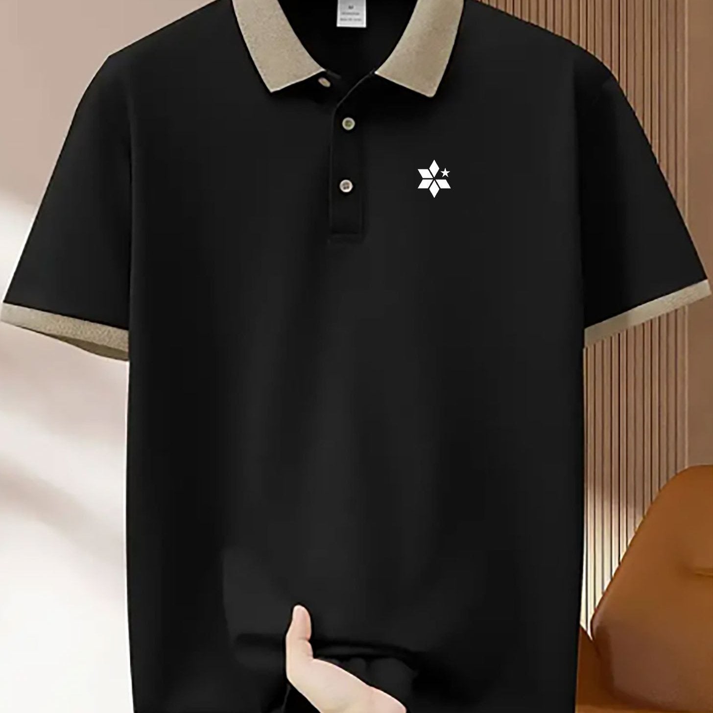 Men's Breathable Stretch Shirt - Summer Short Sleeve Button- Collar with Geometric Print, Black & Beige Contrast Trim, Regular Fit for Golf, Tennis, Business Casual & Outdoor Activities, Golf Shirt, Active Lifestyle, Modern D
