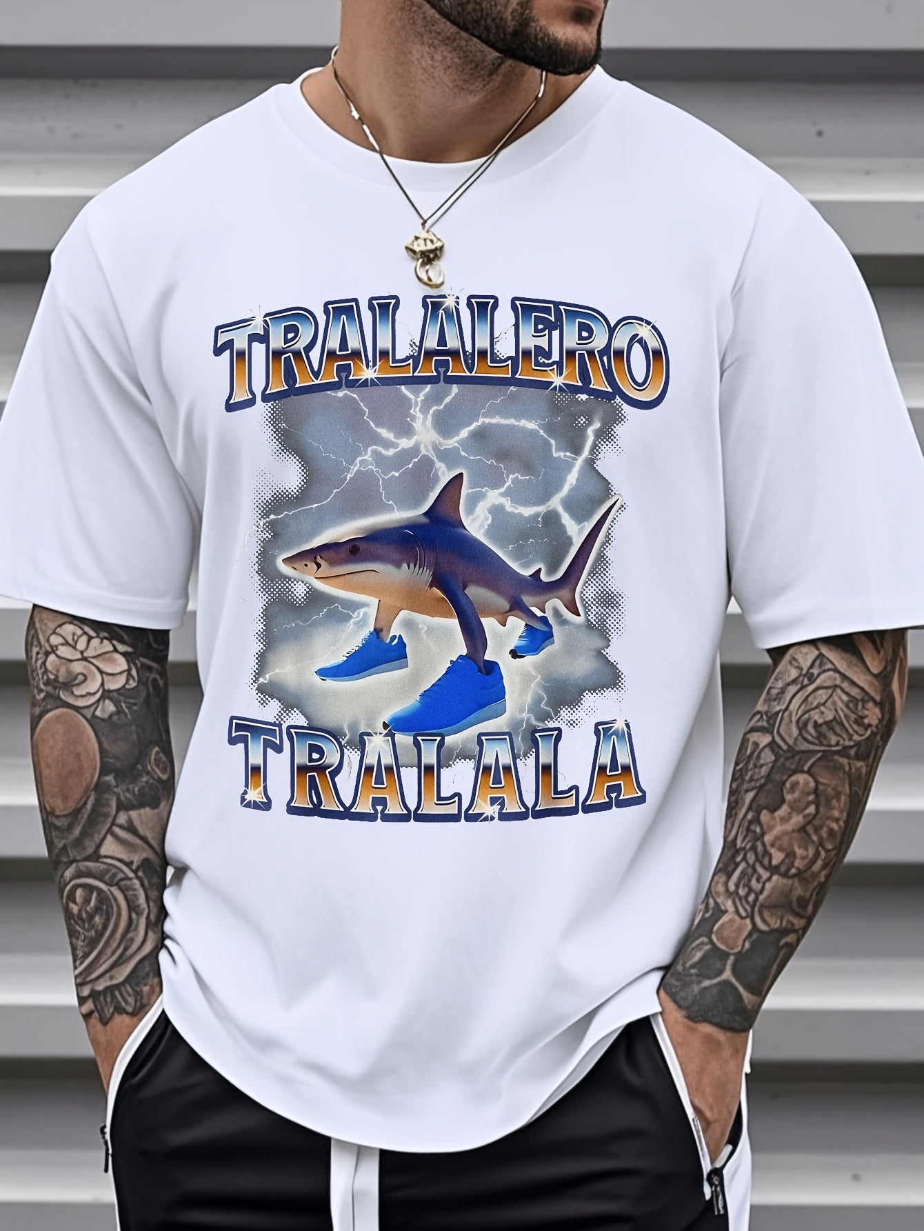 Tralalero Men's Shark Lightning Graphic T-Shirt - Bold TRAALERO TRAALALA Design, Vibrant Blue Casual Streetwear, Regular Fit Short Sleeve Tee for Music Festivals, Concerts & Beach Days, Concert Attire, Festival Clothing, Digi