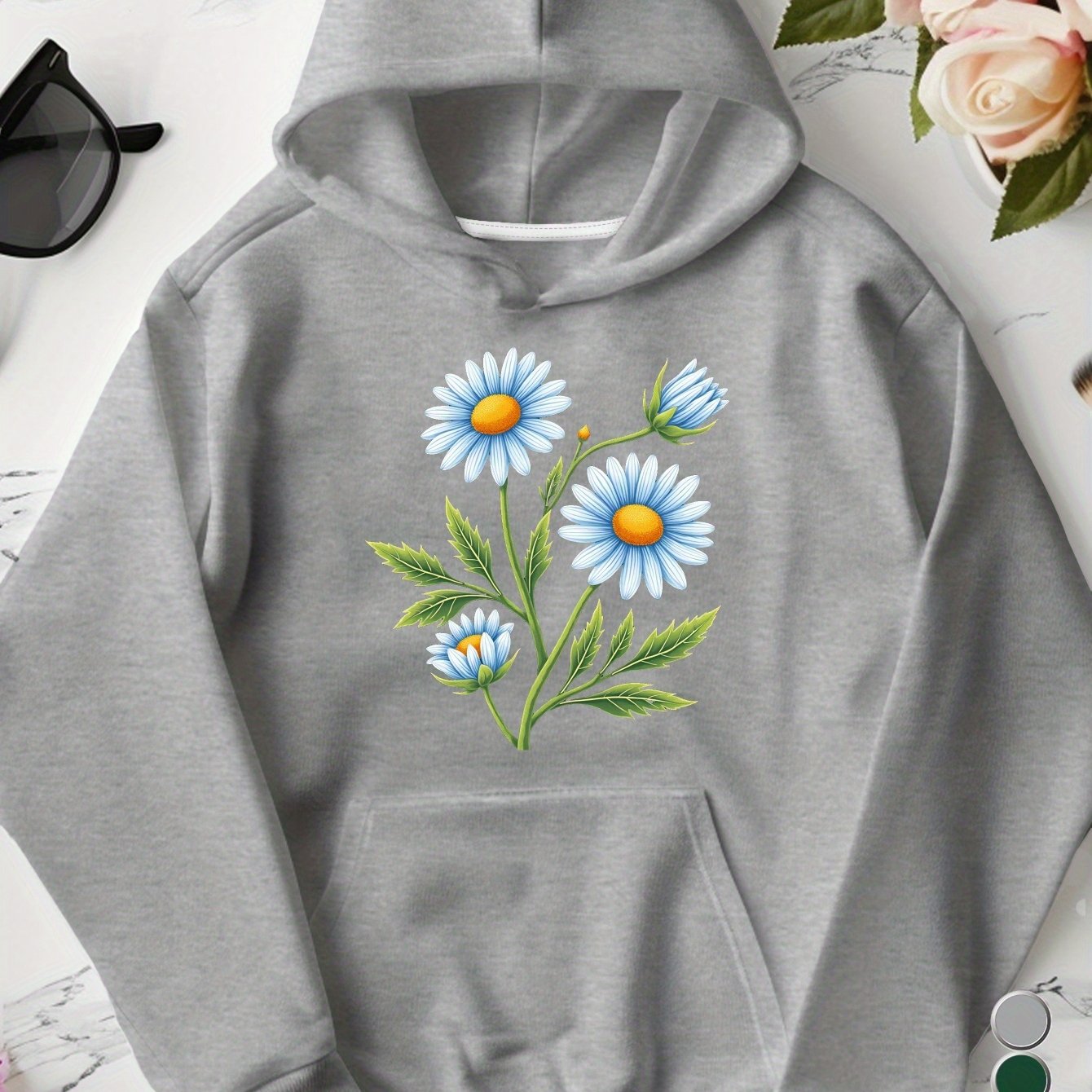 Blue Daisies Botanical Embroidered Women'S Plus Size Hoodies