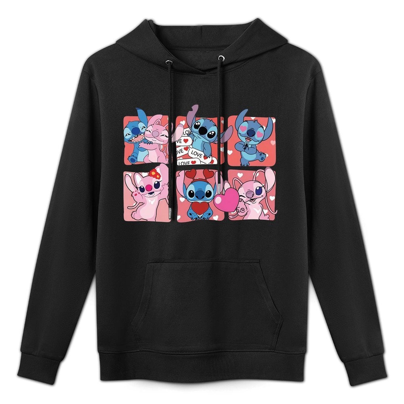 Disney Men's Black Retro Pullover Hoodie with Stitch & Angel Valentine's Digital Print, Soft Regular Fit Casual Sweatshirt, Machine Washable, Front Pocket, Disney Friends Graphic Design, Disney Hoodie, Durable Comfort Wear