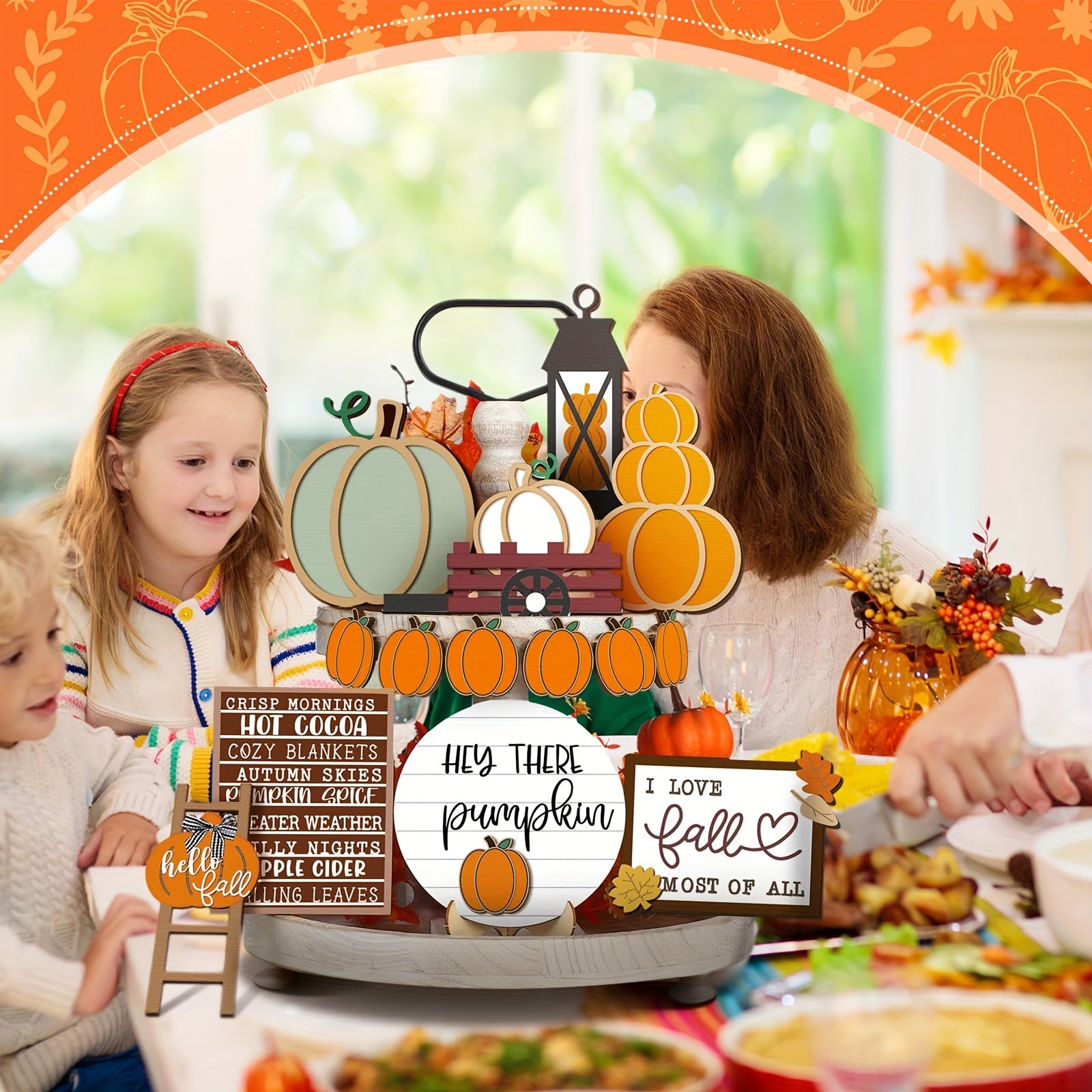 Thanksgiving Fall Tiered Tray Decorating Set - Fall Pumpkin Leaf Rustic Farmhouse Decorative Tray - Home Kitchen Wooden Tabletop Sign (Rustic)