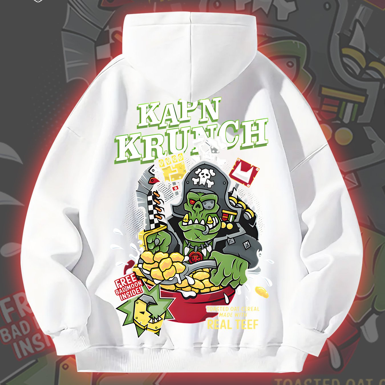 Street Cool KAP'N KRUNCH Pirate Oatmeal 270G Men'S Autumn And Winter Fleece Hoodie with Personalized Trendy Hip-Hop Streetwear And Kangaroo Pocket As a Gift Suitable for Individuals with Personality And Street Culture