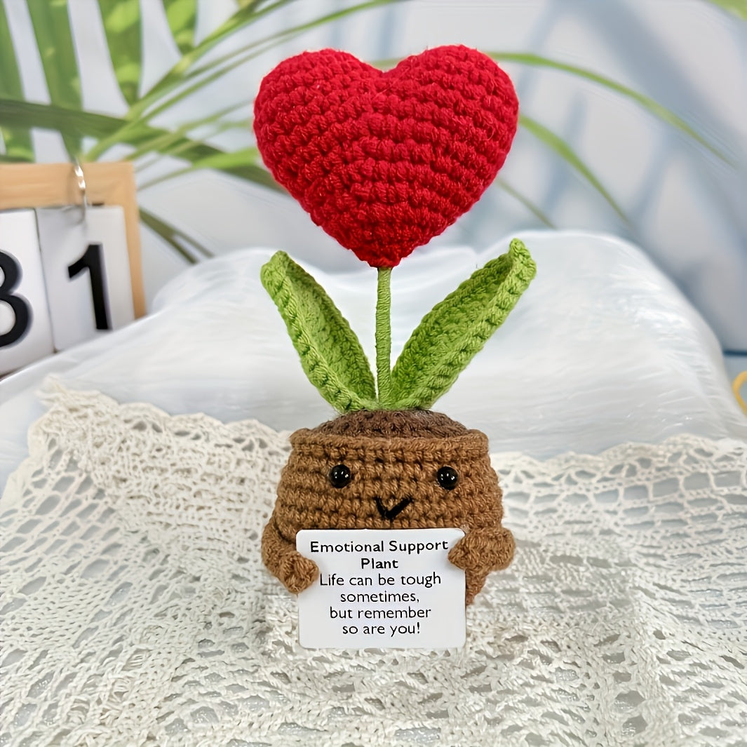 Crochet Heart Pot, Crocheted Sunflower Pot With Encouragement Card, Soft Knitting Decoration, Handmade Crochet Emotional Support Plant, Emotional Support For Birthday Gifts Room Decor