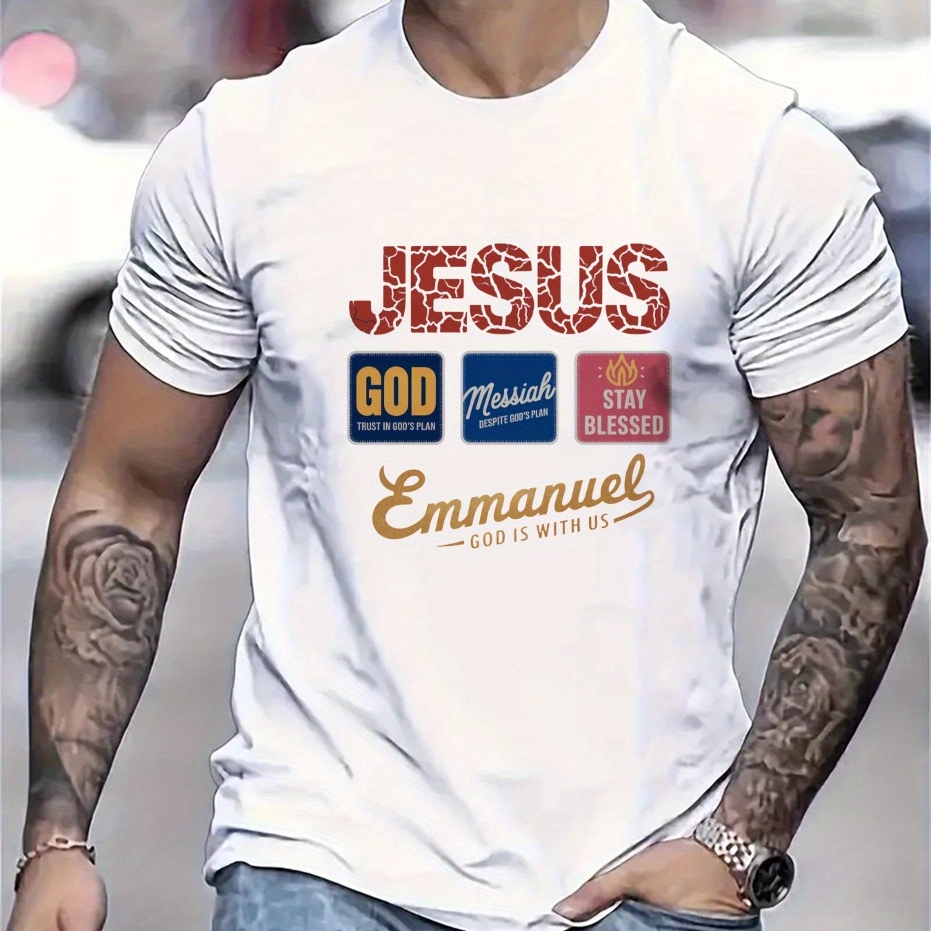Men's Jessus Godd Messiah Stay Blessed Emmanuel Graphic T-Shirt - Black Religious Design with Scripture References, Soft Breathable Short Sleeve Round Neck Casual Summer Tee, Machine Washable, Everyday Comfort Apparel, Inspirat