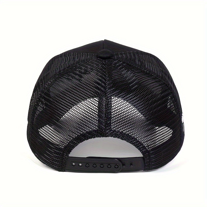 Cool Hippie Gothic Curved Brim Baseball Cap, 3D Embroidery Breathable Mesh Trucker Hat, Snapback Hat For Casual Leisure Outdoor Sports