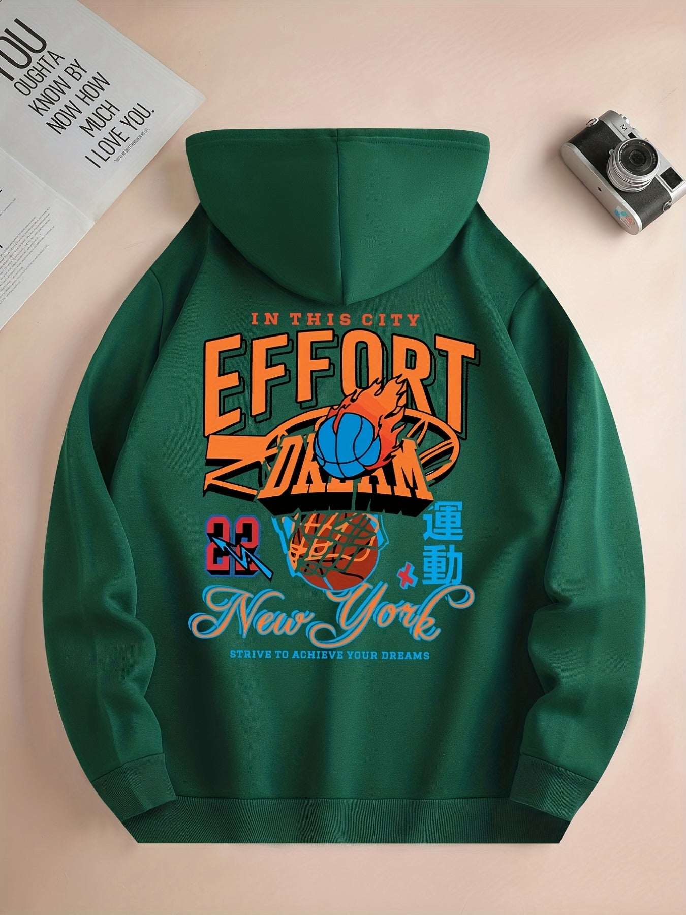 Men'S Trendy Hoodie with Basketball Print - Casual Drawstring Pullover with Kangaroo Pocket, Polyester & Spandex Blend, Machine Washable