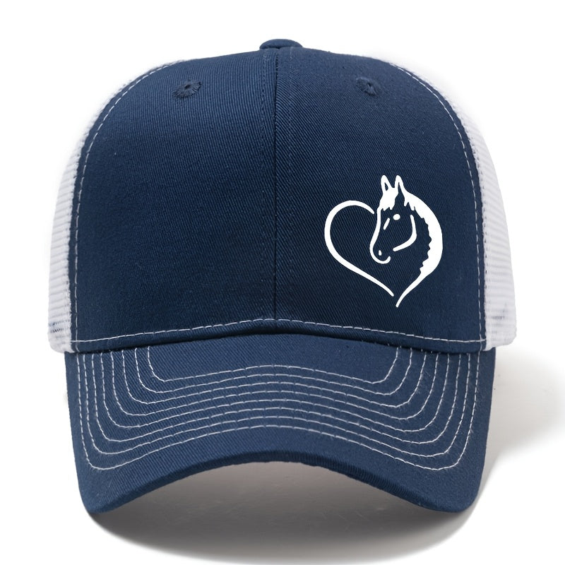 Fashionable Outdoor Sunshade Baseball Cap with a Heart And Horse Pattern, Suitable for Both Men And Women, Perfect for Casual Wear, Outdoor Parties, And Truck Drivers.