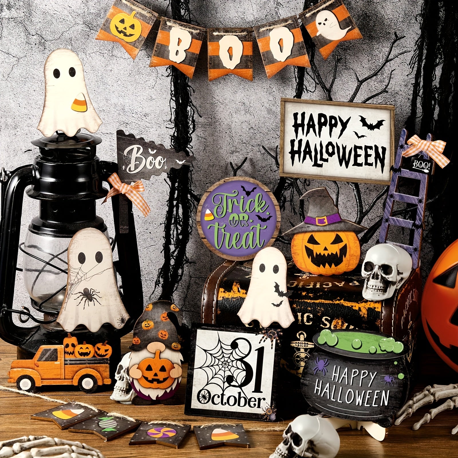 Halloween Tiered Tray Decor Set Happy Halloween Wooden Signs Rustic Table Centerpieces Farmhouse Decor For Home Table Kitchen, Tray Not Included (Pumpkin)