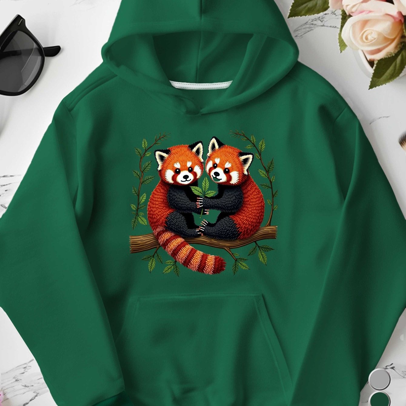 Women's Plus Size Embroidered Red Pandas Branch Hoodie - Grey Casual Pullover with Front Pocket, 100% US Printed Design, Machine Washable Autumn Winter Sweatshirt, Animal Lover Apparel, Playful Animal Design, Detailed Embroid