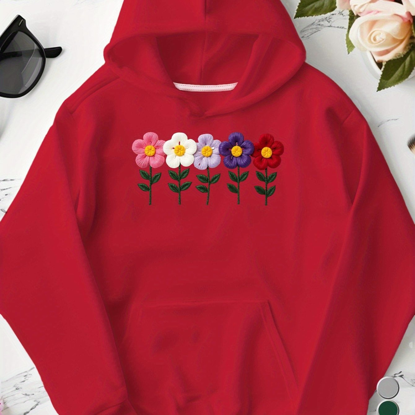 Embroidered Colorful Flowers Row Women'S Plus Size Hoodies