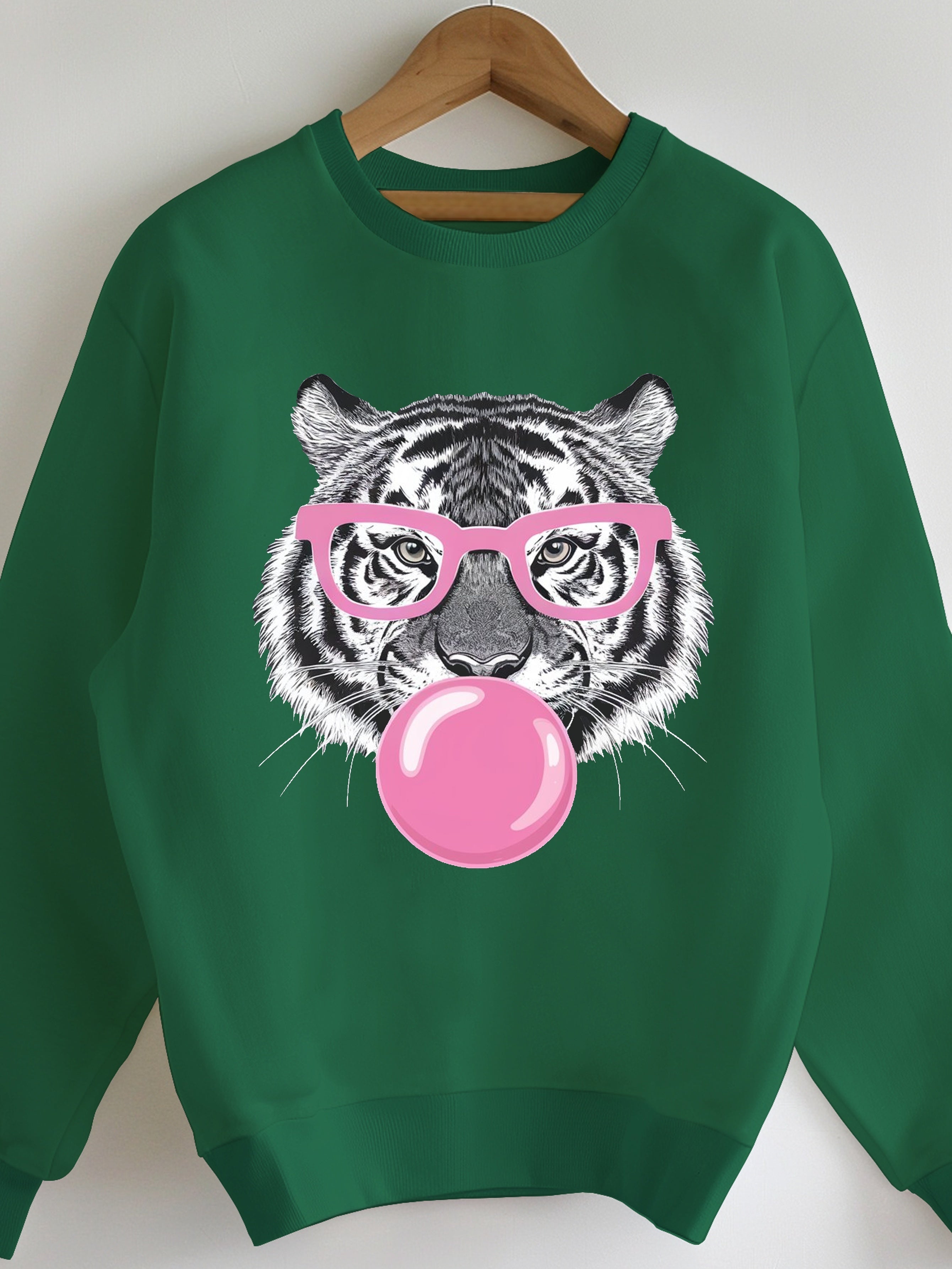 Women's Cozy Green Tiger Bubblegum Graphic Sweatshirt - Casual Crew Neck, Long Sleeve, 100% Polyester Pullover, Machine Washable - Perfect for Fall/Winter