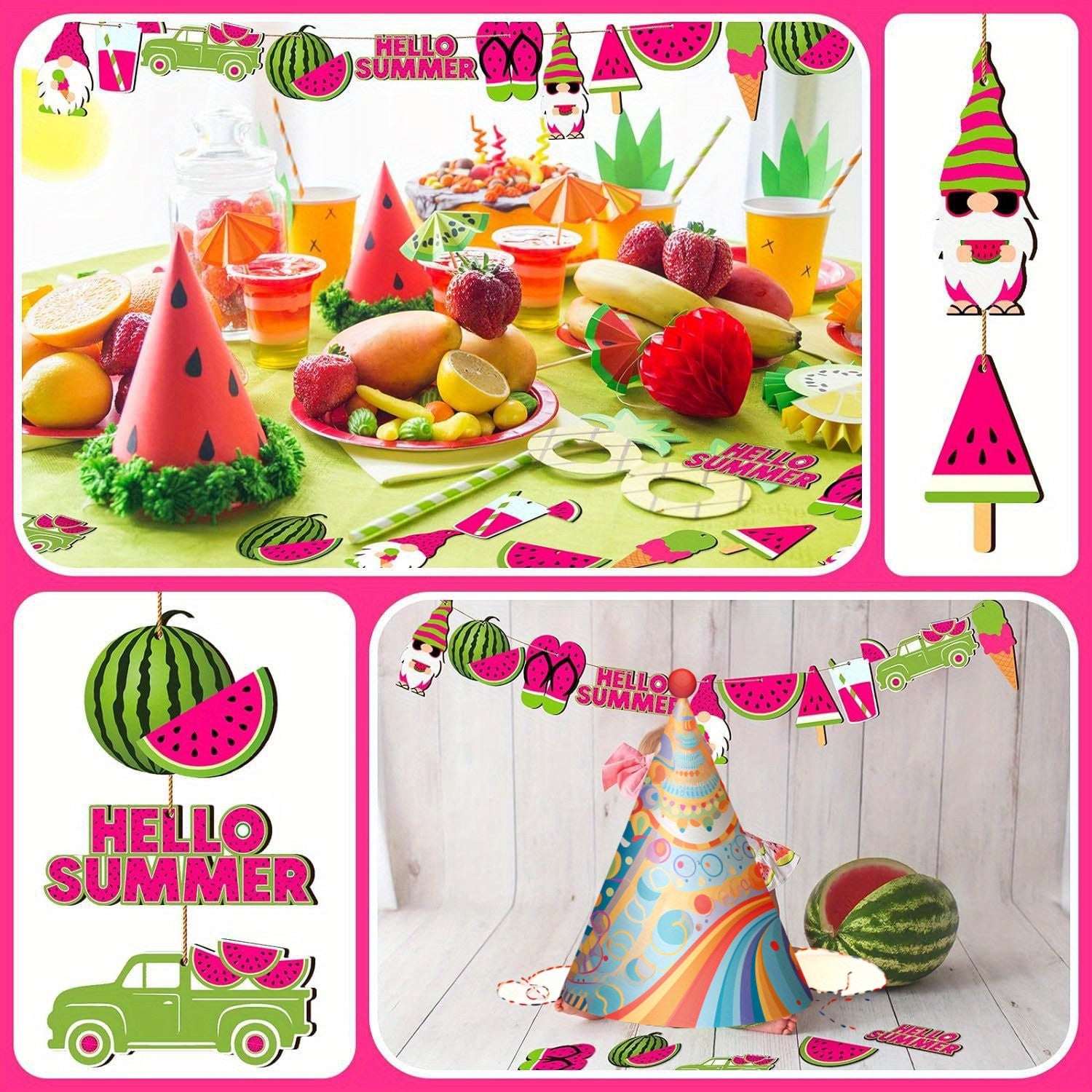 Summer Watermelon Gnome Ice Cream Wooden Ornaments, Watermelon Ice Cream Summer Tree Decorations, Home Hawaiian Holiday Party Decorations