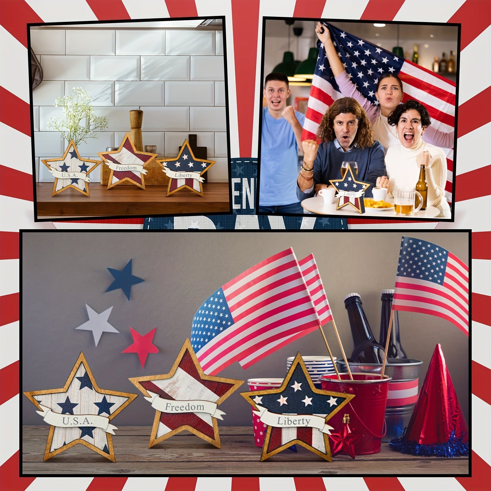 Patriotic American Flag Star Table Decorations - Artificial Wood Cascading Tray Signs with Liberty & Freedom Inscriptions, Red White Blue Independence Day Memorial Day Home Office Party Centerpieces, No Electricity Needed, In