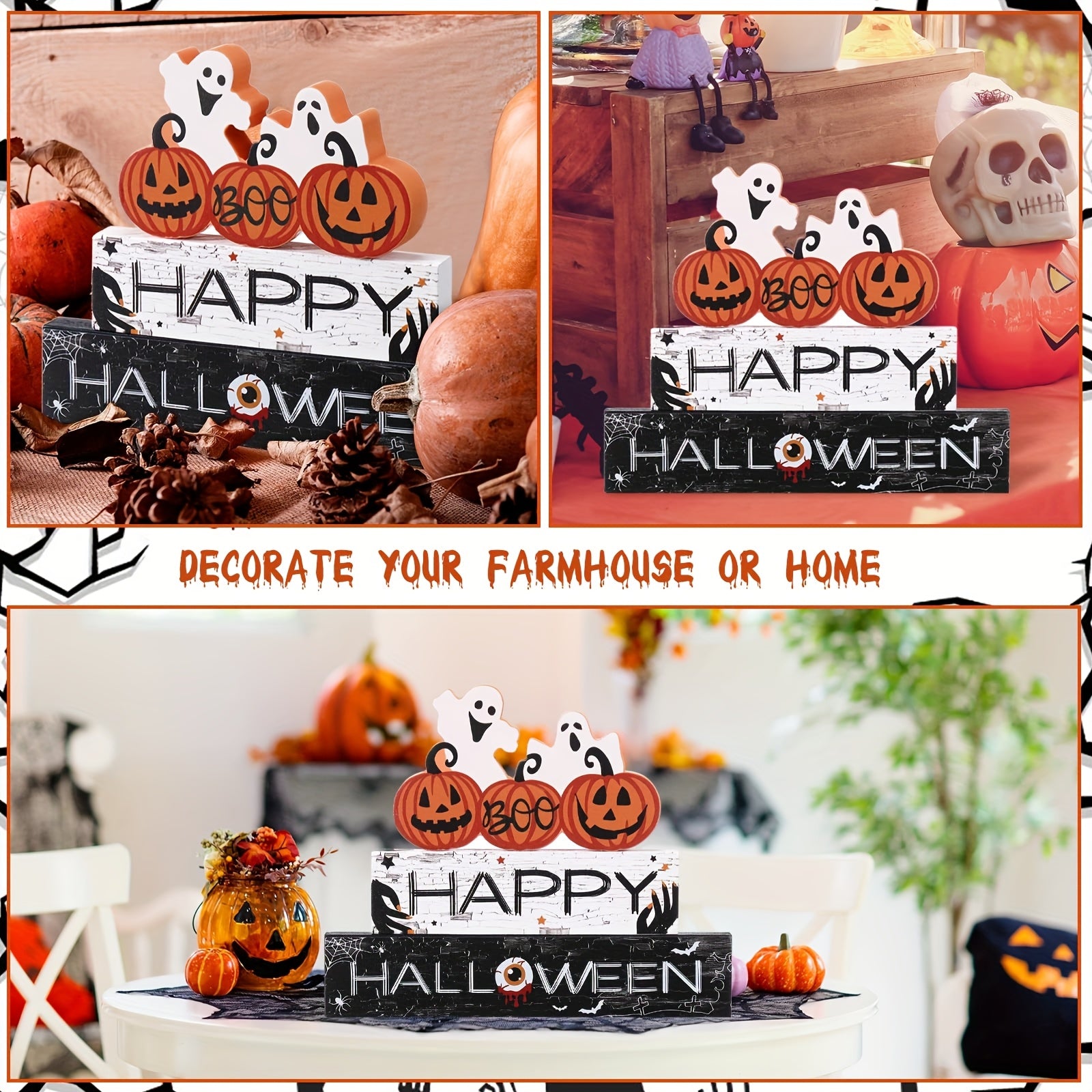 Happy Halloween Wooden Sign Centerpiece Pumpkin Ghost Eyeball Table Top Decor Spooky Rustic Freestanding Boo Tier Tray Halloween Decor Rustic Wood Block Plaque For Home Fireplace
