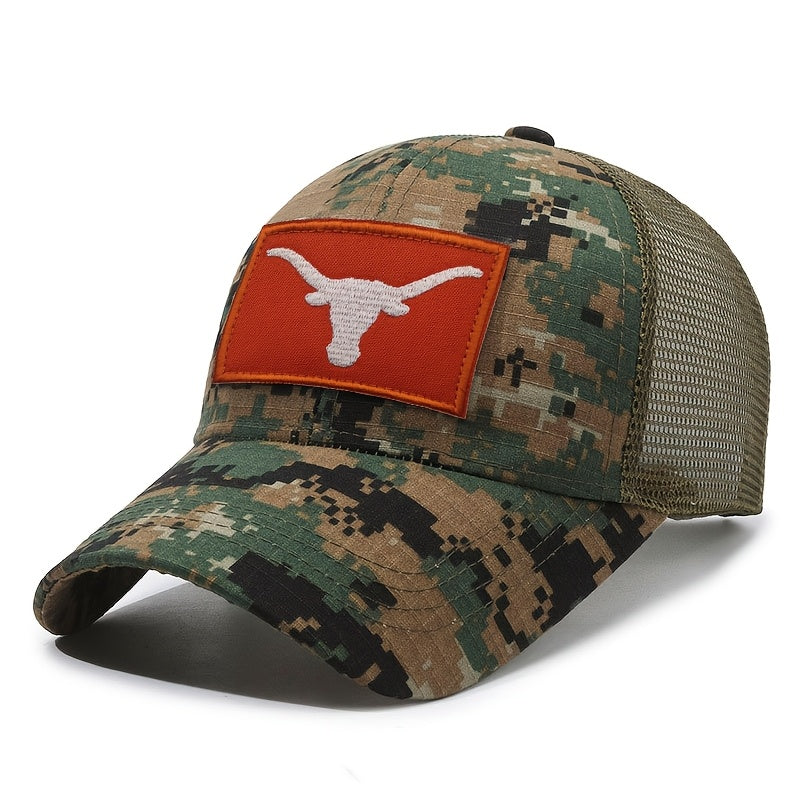 Camouflage Casual Baseball Cap, with 3 Replaceable Embroidered Patches, Eagle, Longhorn, National Flag, Outdoor Enthusiasts, Casual Wear, Essential for Sports, Suitable for Men and Women