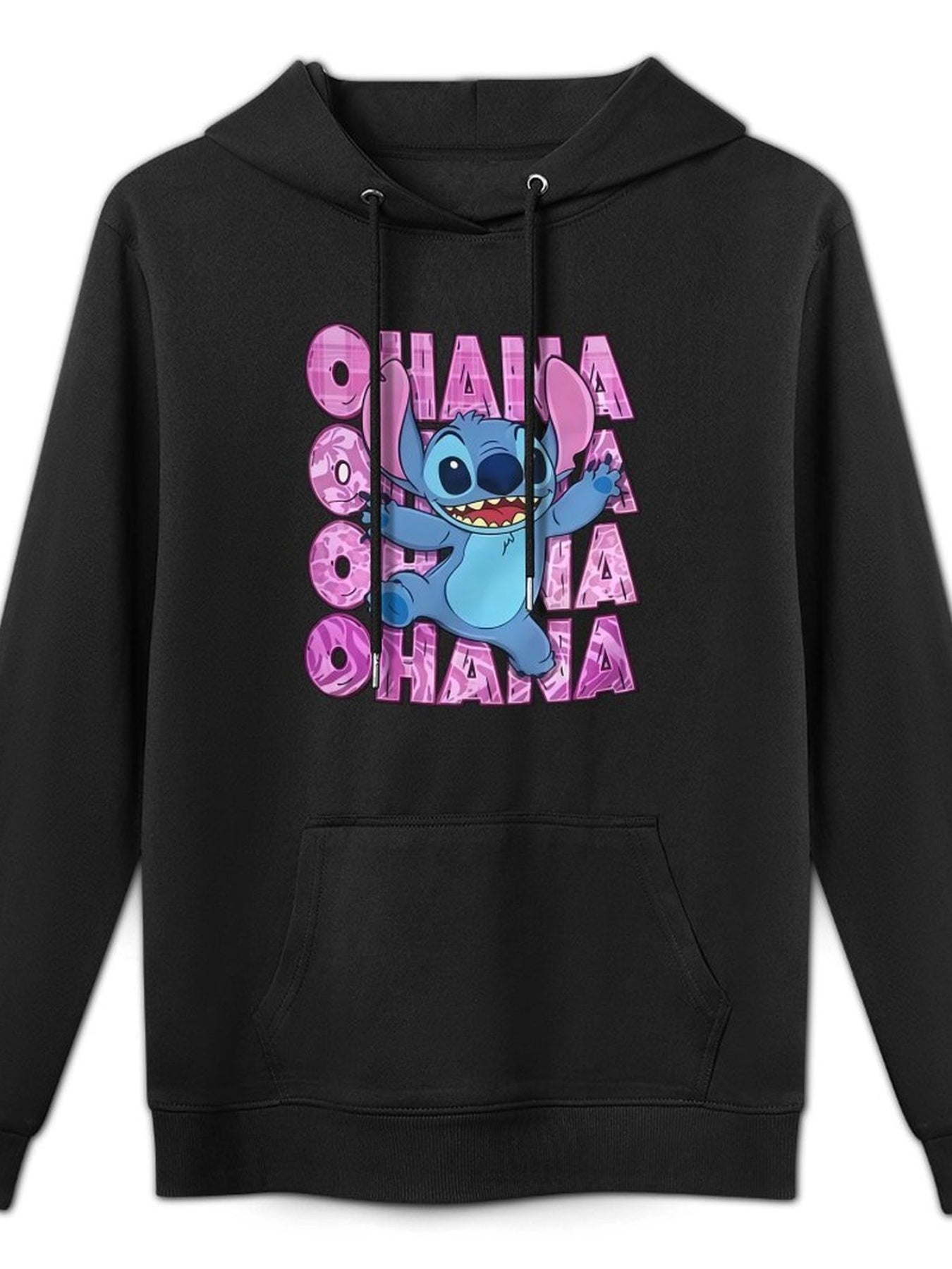 Disney Men'S Black Retro Pullover Hoodie with Stitch Ohana Disney Friends Digital Print, Soft Regular Fit Casual Sweatshirt, Machine Washable, Disney Sweatshirt