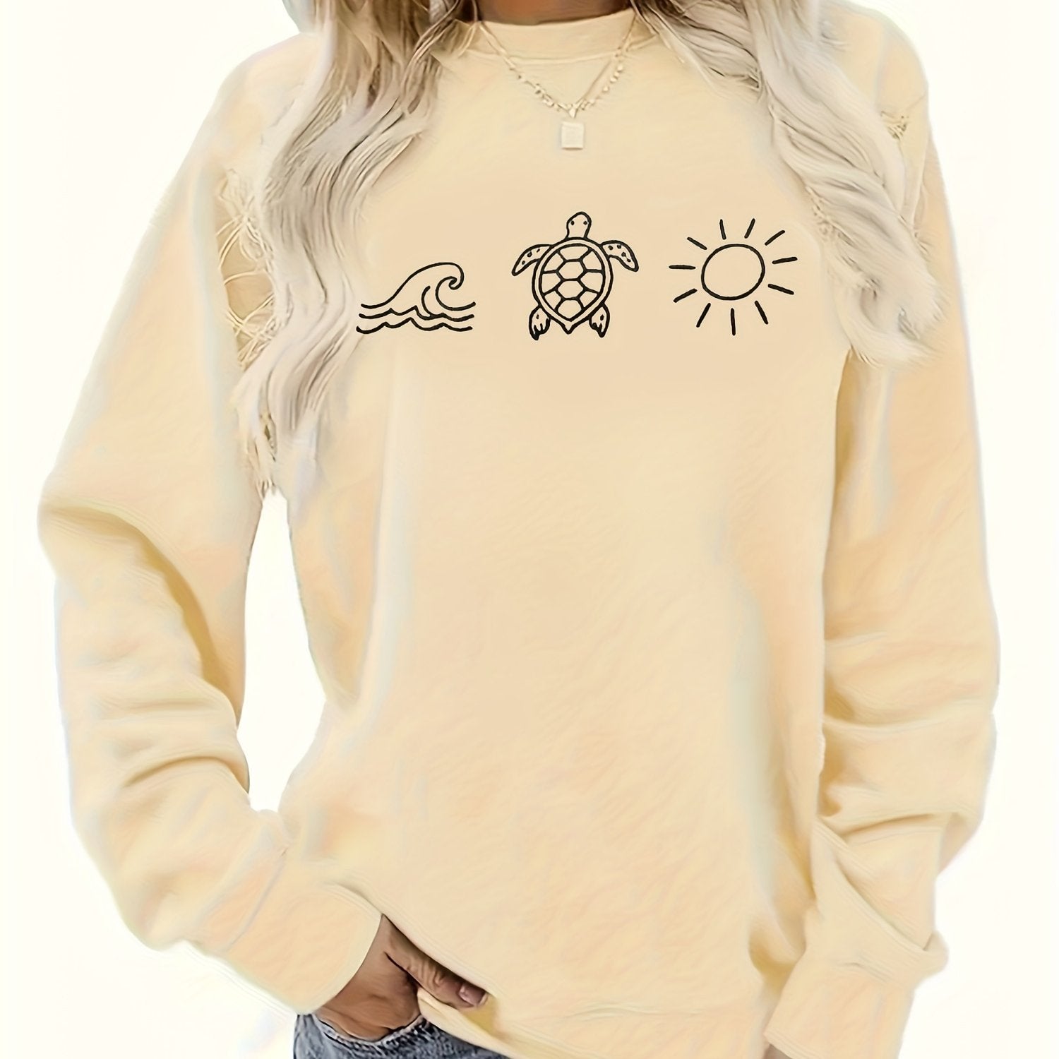 Women's Casual Long Sleeve Sweatshirt - Embroidered Ocean Turtle & Sun Design, Light Yellow Beach Lover Shirt, Machine Washable Round Neck Pullover for All-Season Comfort, Sea Turtle Decor, Summer Apparel, Relaxed Fit, Comfor
