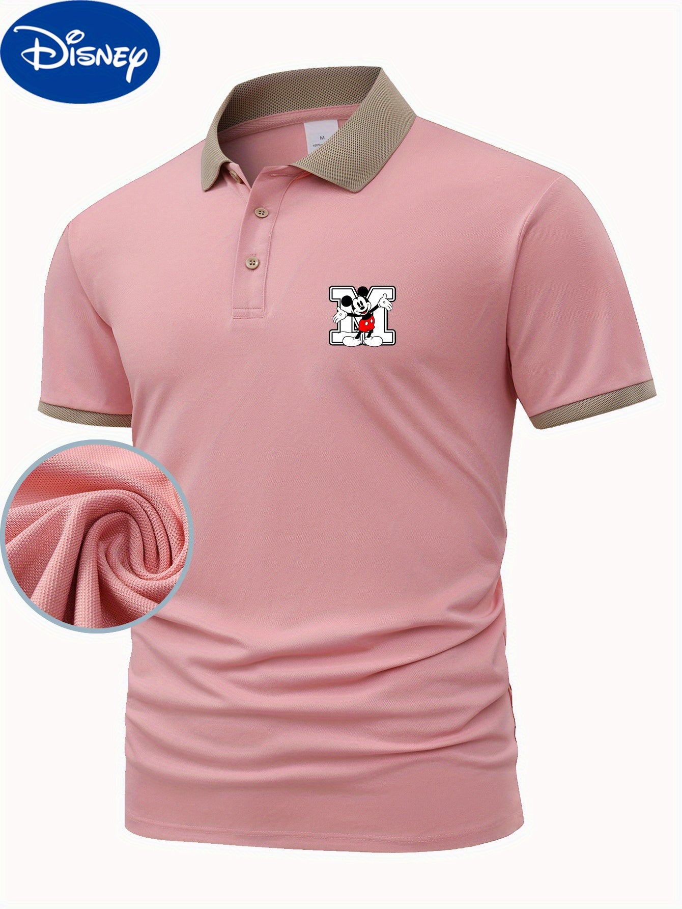 Disney Genuine Men's Series Classic Mickey Mouse M letters printed on the left chest small design summer business fashion Lightweight polyester breathable and quick drying Men's shirts suitable for outdoor sports golf wear