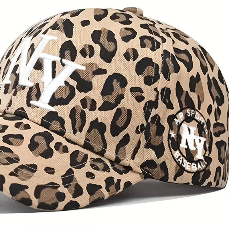 Leopard Print Baseball Cap, Breathable Adjustable Trucker Hat with Embroidered