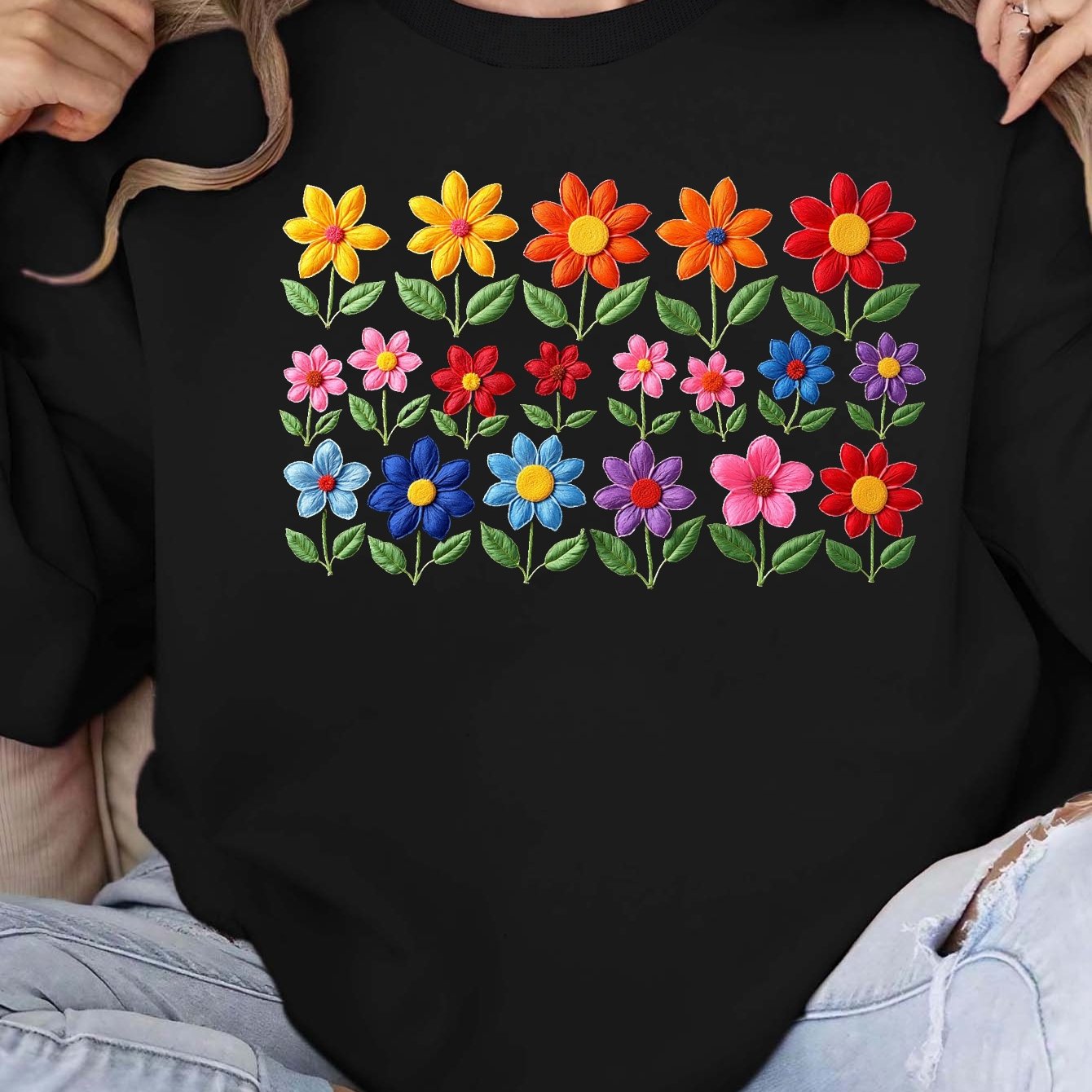 Colorful embroidered flowers Women's plus size sweatshirt