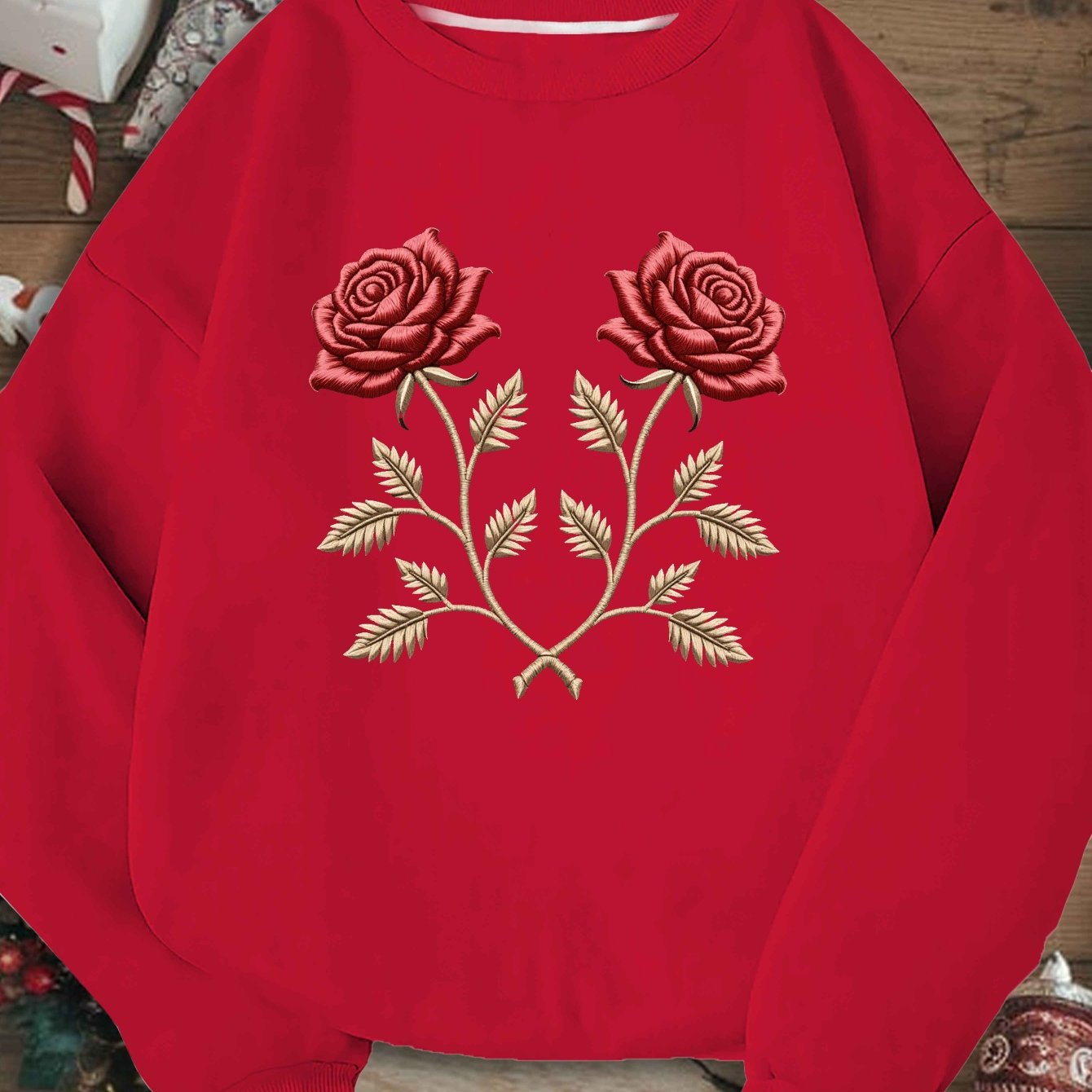 Embroidery Embroidered Pattern with Roses Women'S Plus Size Sweatshirt