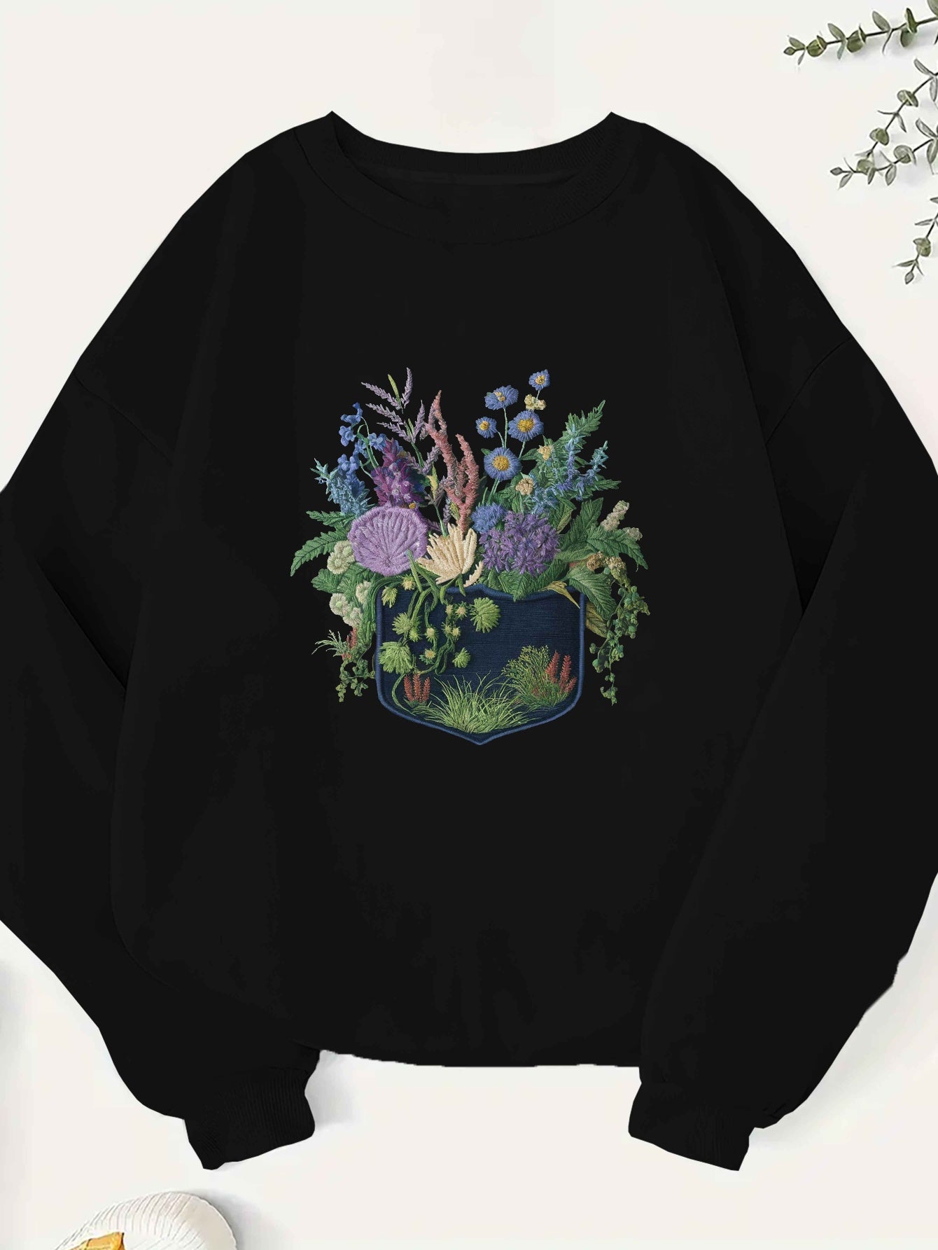 Women'S Plus Size Embroidered Floral Crew Neck Sweatshirt - Casual Polyester Knit Long Sleeve Pullover for Fall/Winter